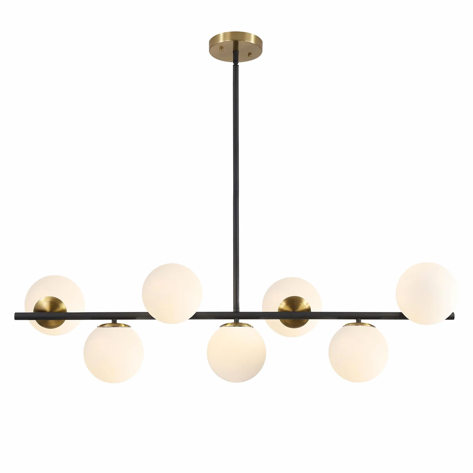 KCO Illuminazione Nero e Ottone Lineare Lampada a Sospensione Mid Century Moderno Sputnik Lampadario 7 Luci Vetro Latte Globo Cucina Isola Illuminazione a sospensione per Sala da pranzo Soggiorno
