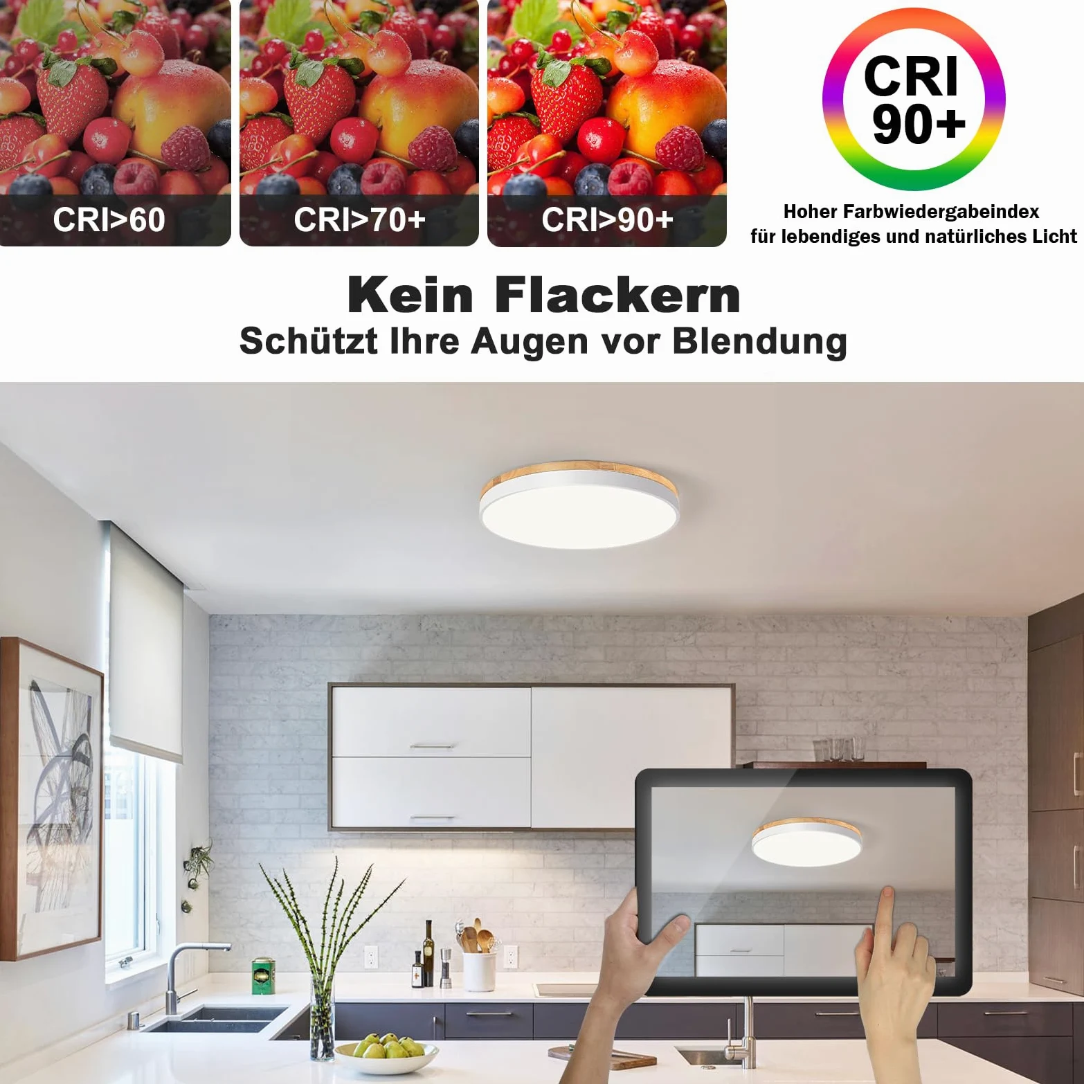 Qamra Plafoniera LED, Plafoniera Bianca 40cm, 36W | Lampada con Legno per camera da letto, soggiorno, cucina, corridoio, sala da pranzo, 4000K