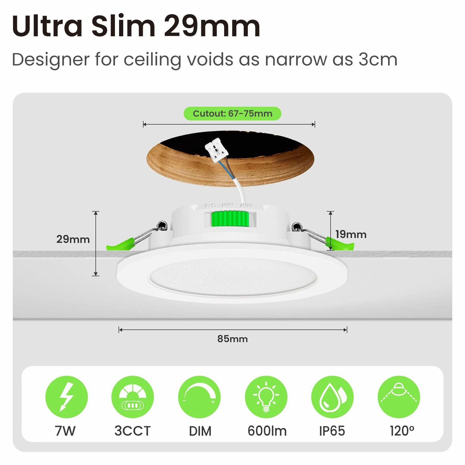 ALUSSO LIGHTING Faretto LED da Incasso, 7W Dimmerabile, Bianco Caldo 3000K/Bianco Neutro 4000K/Bianco Freddo 6500K Regolabile, Faretto LED Extra Piatto 29mm, Faretto da Bagno IP65, Bianco Set di 12