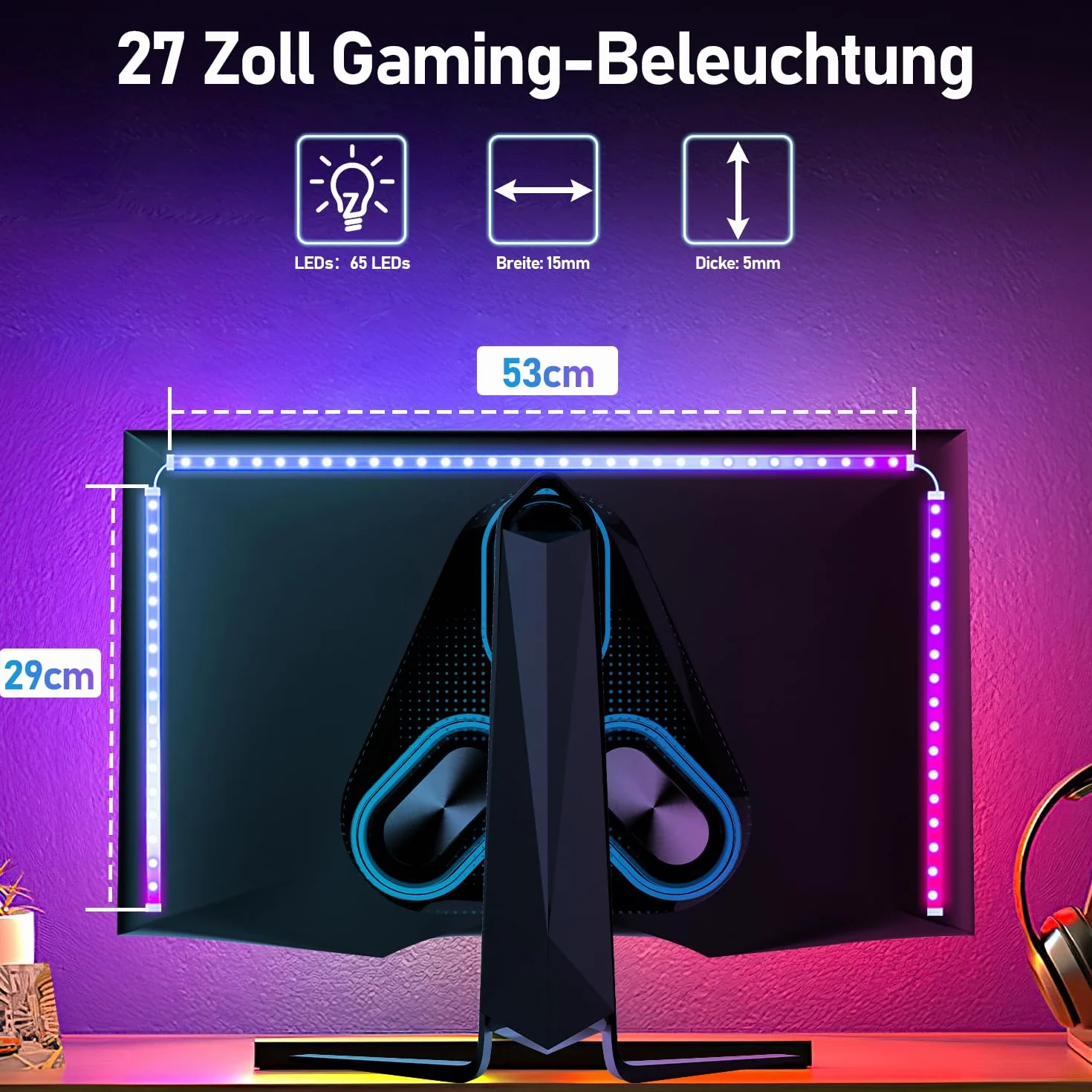 Striscia neon RGB da 27 pollici, 12 V 5050 RGB LED Neon Light Band con controllo app, musica sync, silicone fai da te, per gaming scrivania monitor PC, decorazione illuminazione, 1 confezione