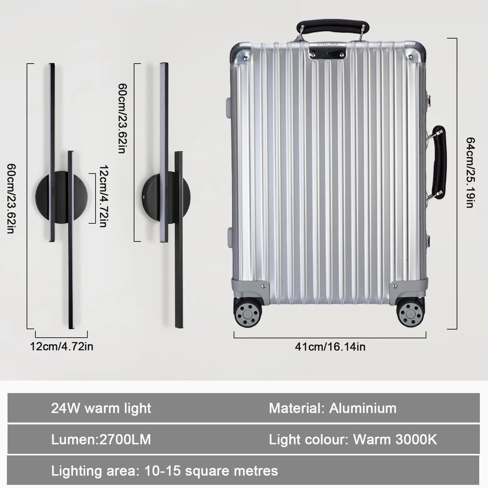 Applique da Parete Interno Moderno Nero, 24W 2700LM Lampada da Parete LED 60CM, Applique Camera da Letto LED in Alluminio per Soggiorno Scale Corridoio, Luce Calda 3000K