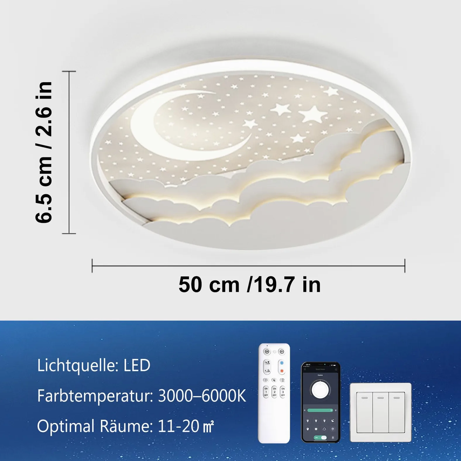Lampada da soffitto a LED per bambini, 50cm Stella Luna Plafoniera Cameretta Bambini Dimmerabile con Telecomando APP, 3000-6000K, Per Ragazzi Ragazze Cameretta