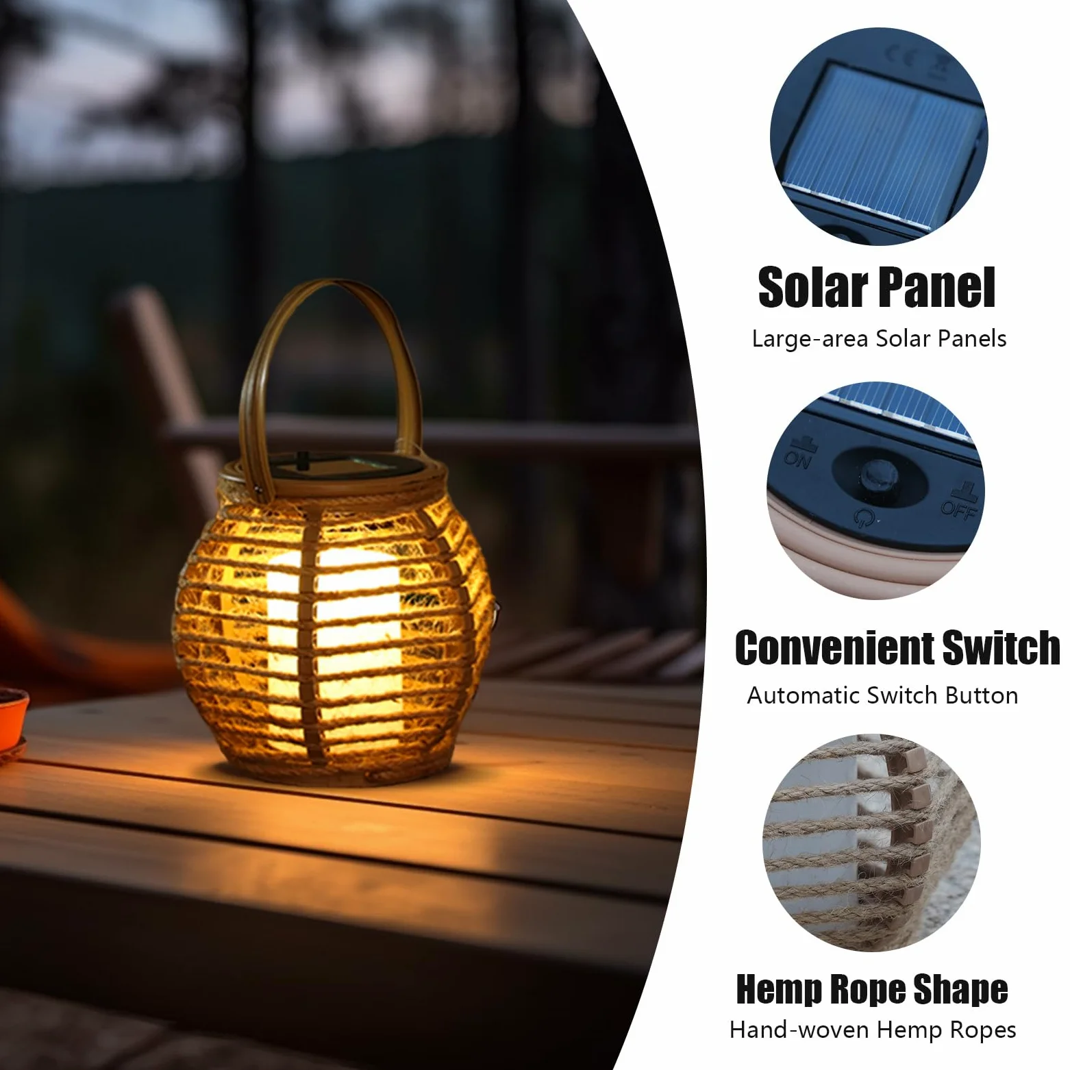 Lanterna solare per esterni, set di 2 lampade solari da giardino con accensione e spegnimento automatico, lanterna intrecciata in fibra naturale, bianco caldo, impermeabili, per terrazza, balcone