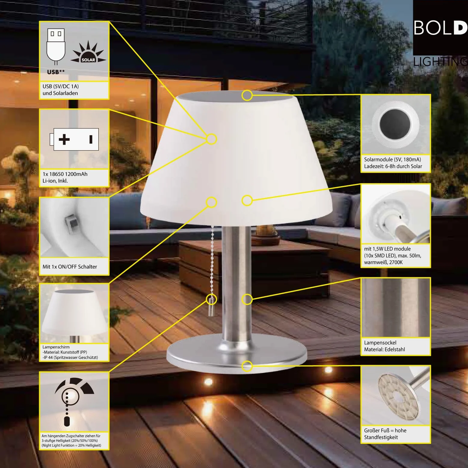 BOLD Lampada da tavolo a LED a batteria da esterno/lampada da tavolo a LED, senza fili, per esterni (connettore USB-C + solare, batteria fino a 6 ore, IP44, dimmerabile a 3 livelli e luce notturna)