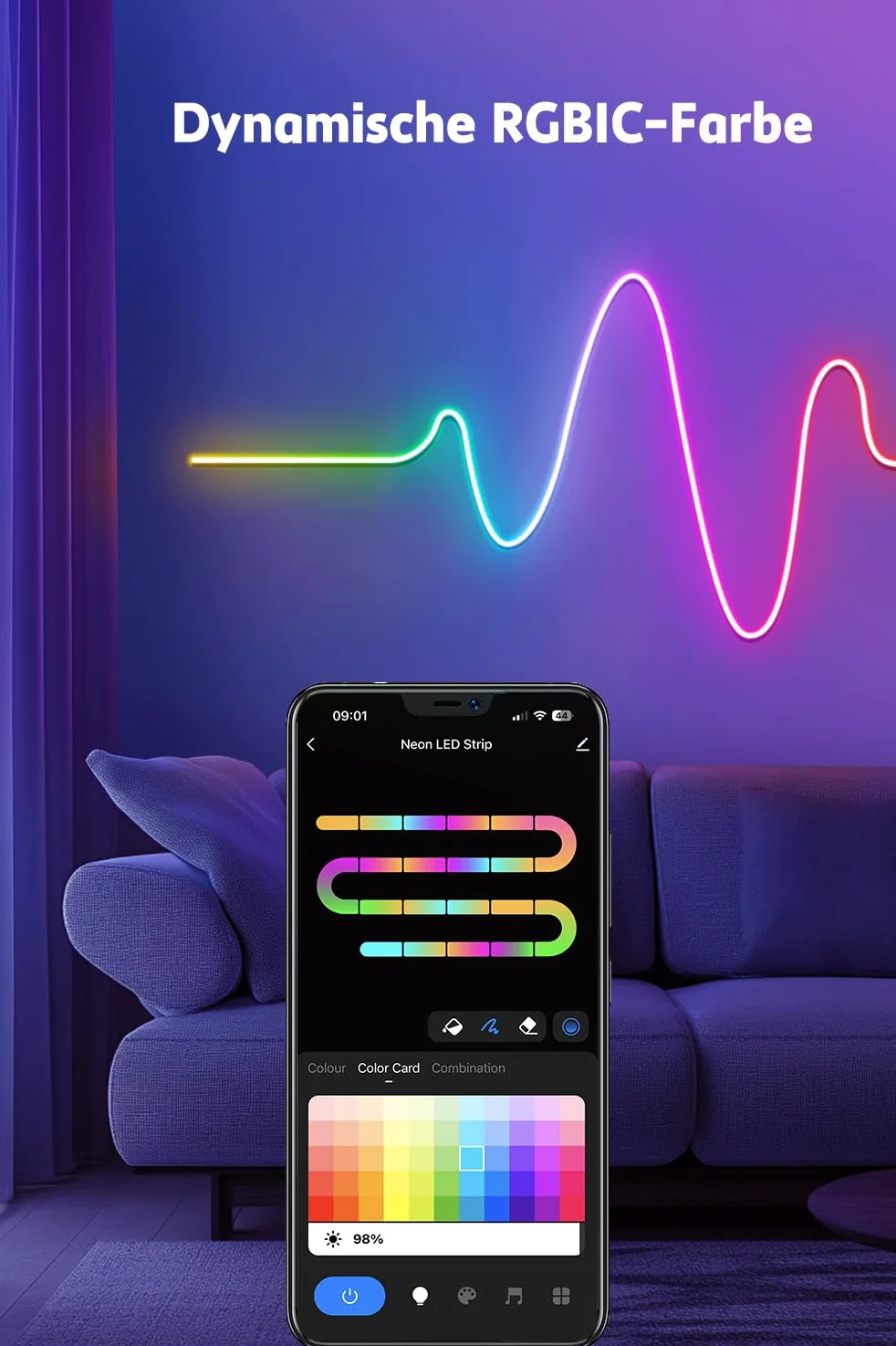 Nixtrve Striscia LED neon RGB 3 m, con controllo app, design fai da te, funziona con Alexa, controllo segmento, sincronizzazione musicale, LED neon per soggiorno, camera da letto, decorazione da
