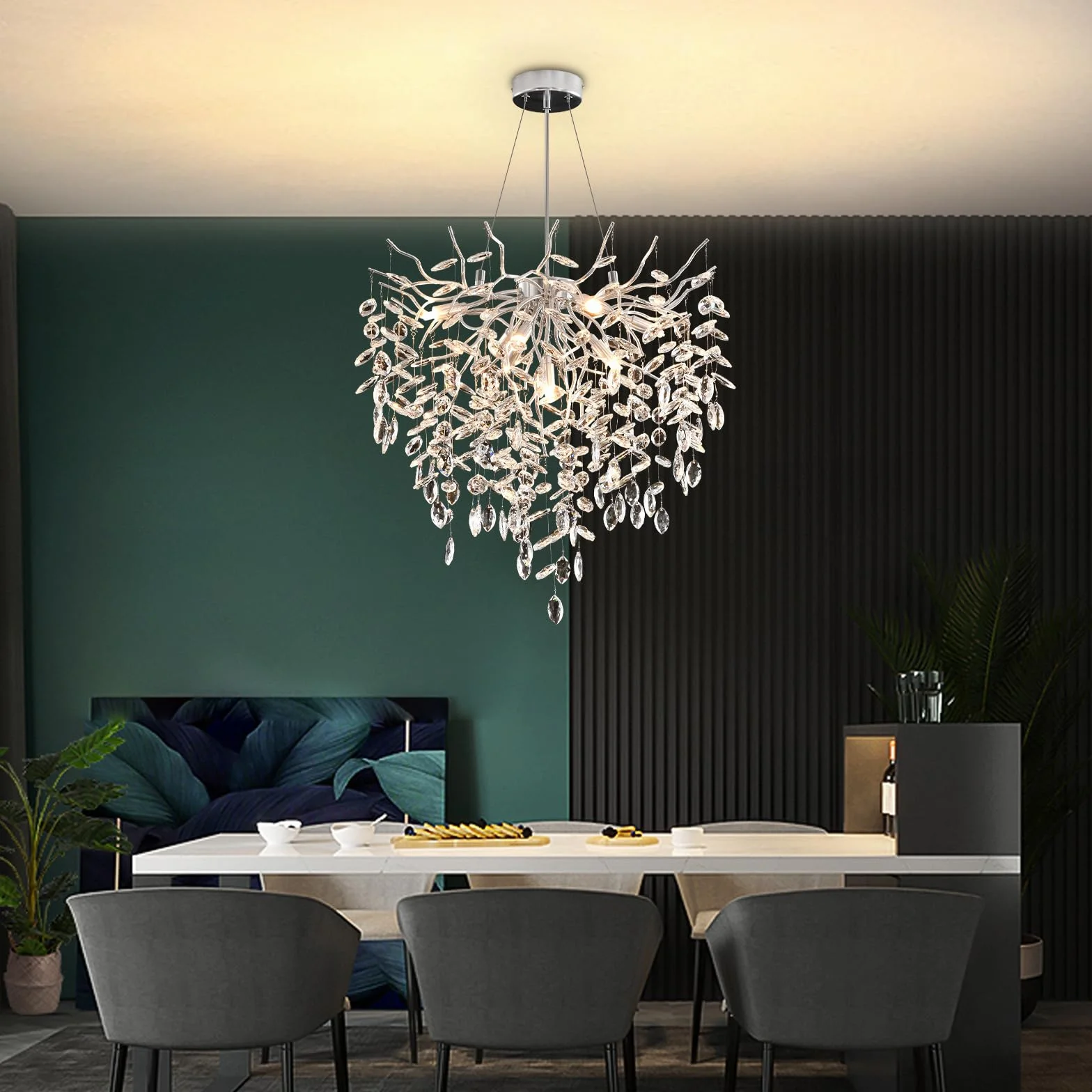 Lusso Lampadario di Cristallo, Argento Lampada a Sospensione di Cristallo a Forma di Ramo d'albero, Lampadario al Cristallo Luce per Sala da Pranzo, Soggiorno, Camera da Letto