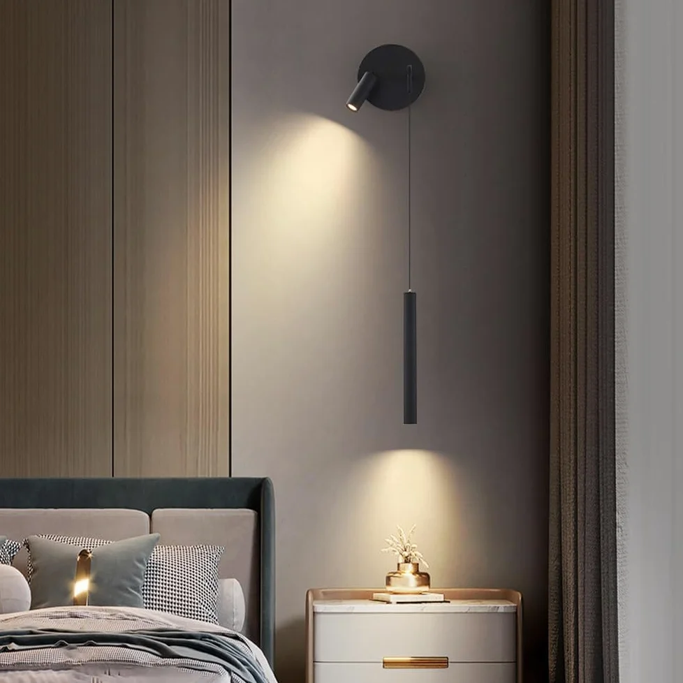 Lampada da Parete a Tubo Lungo, Lampada da Parete Moderna a LED con Piccolo Faretto Girevole e Orientabile, Lampade da Lettura da Comodino Nere, Applique da Parete con Flauto in Metallo per Camera da