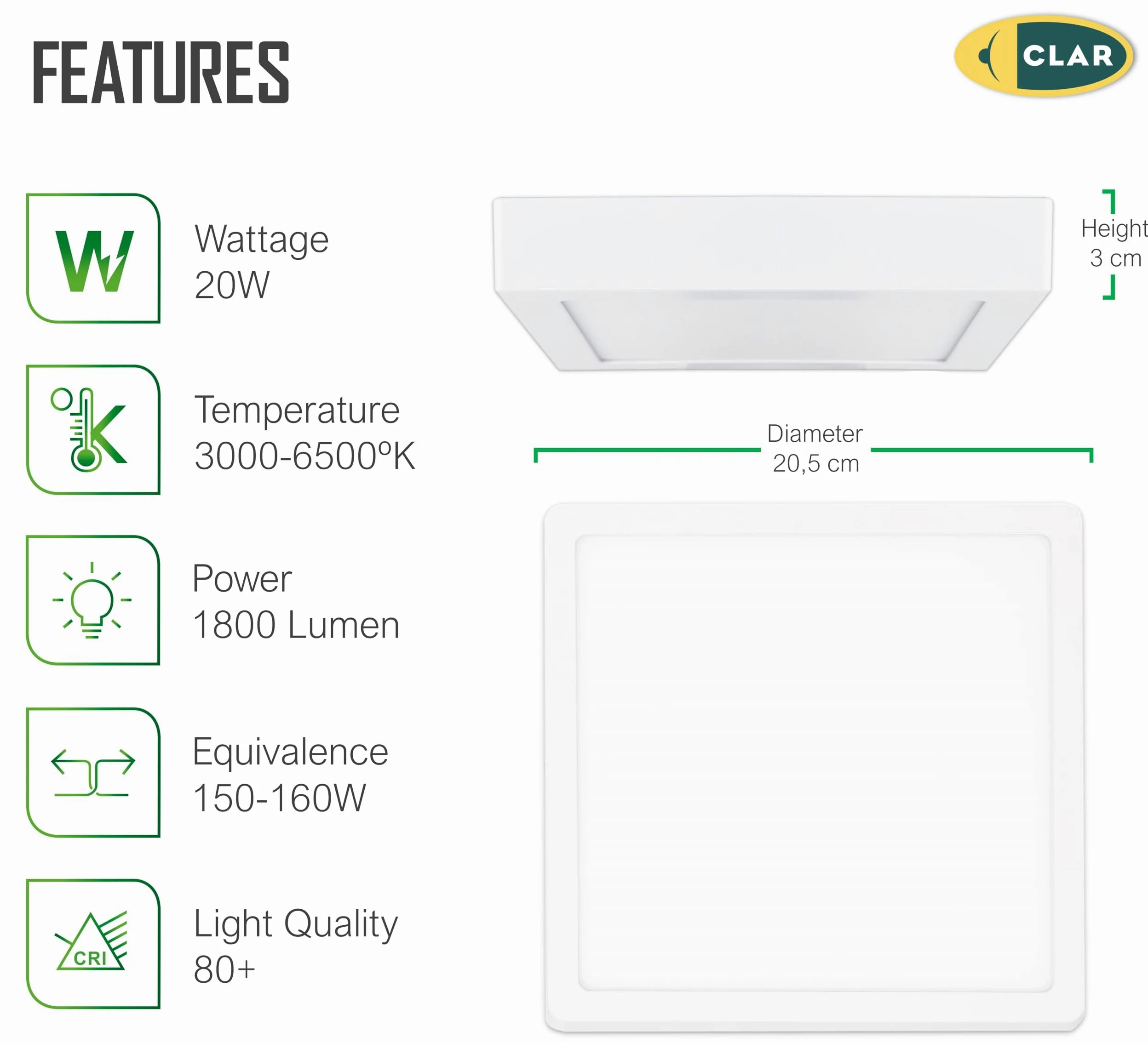 CLAR - LED Plafoniera Quadrata Soffitto, Lampada Bagno e Cucina, Per Esterno, 20W 4000ºK - Garanzia 3 anni (Pack 5)