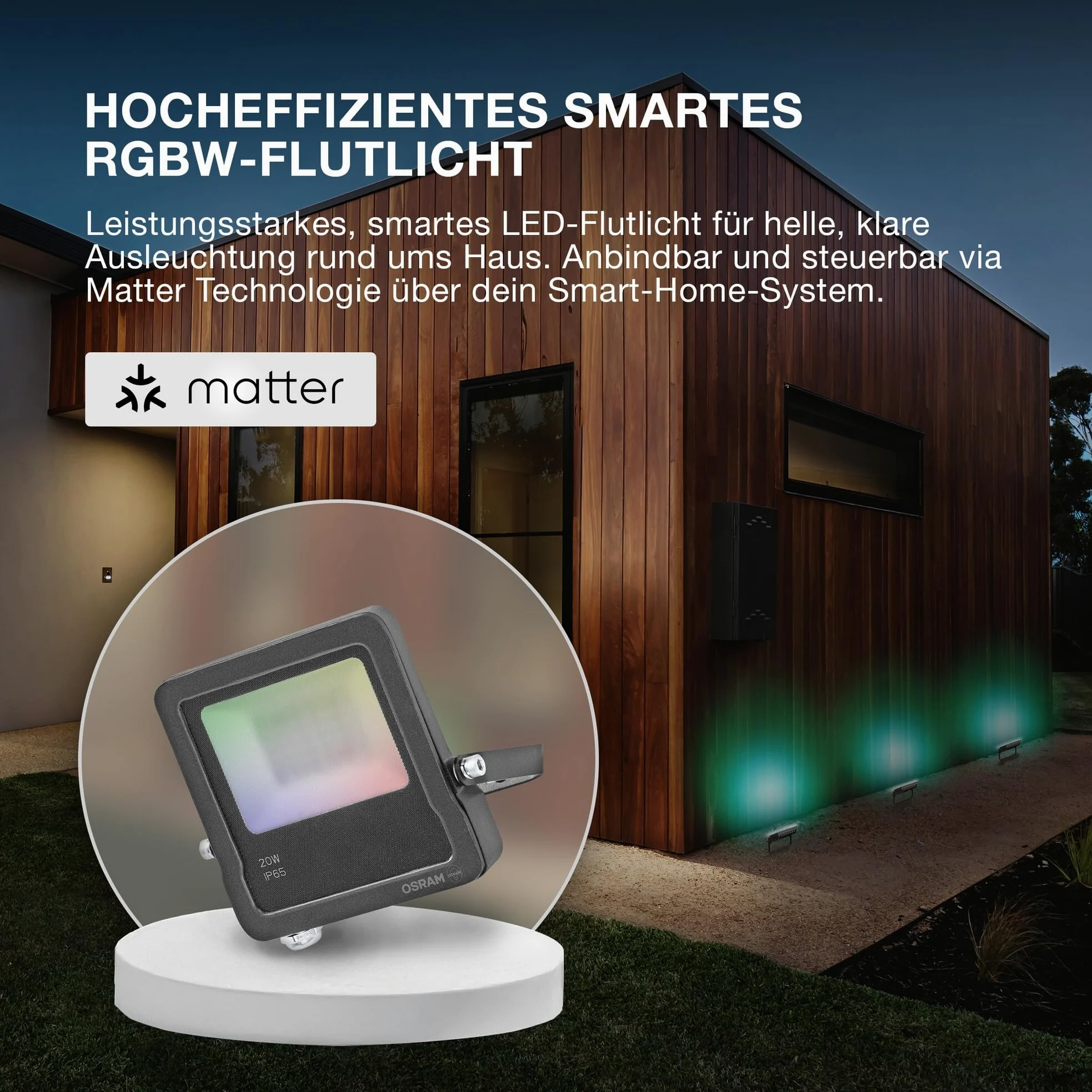 OSRAM SMART+ Matter Faretto LED, 20W, 1600lm, RGBW 16 milioni di colori, 3000K, WiFi, Matter, Alexa/Google, IP65