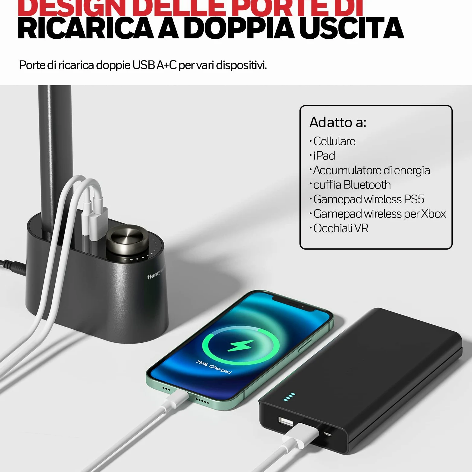 Honeywell Lampada da scrivania con porta di ricarica USB - Lampada da comodino dimmerabile per casa e ufficio, lampada da tavolo piccola pieghevole portatile per Adulti che leggono e lavorano, HWT-H01