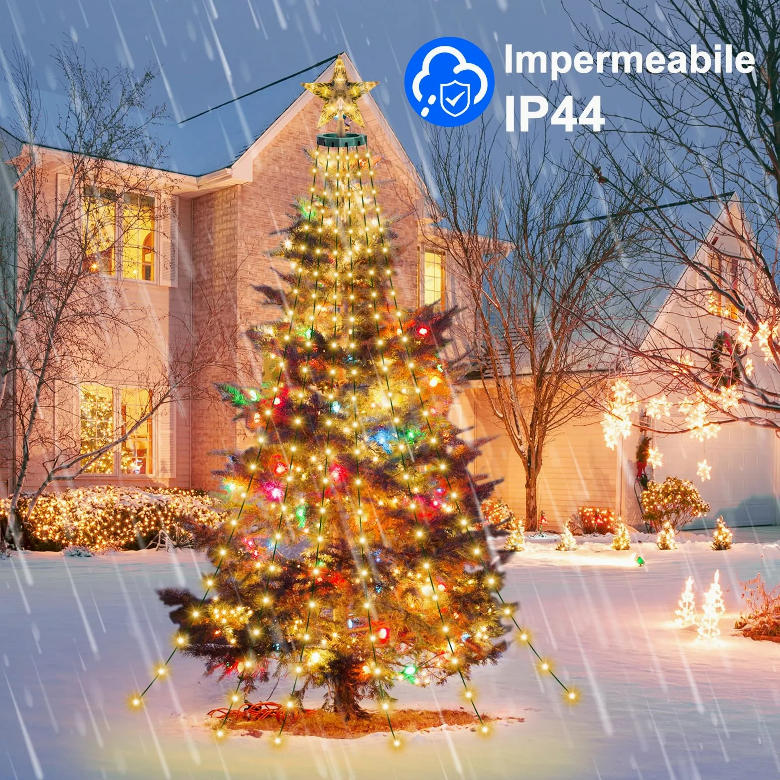 410 LED Luci Albero di Natale, 8 Modalità 2Mx16 Fili Mantello Luci per Albero di Natale a Cascata con Star Topper， Impermeabile Luminarie Natalizie con Telecomando per Interno Esterno Decorazioni | 8 Modalità luminose, Impermeabile Luminarie Natalizie con