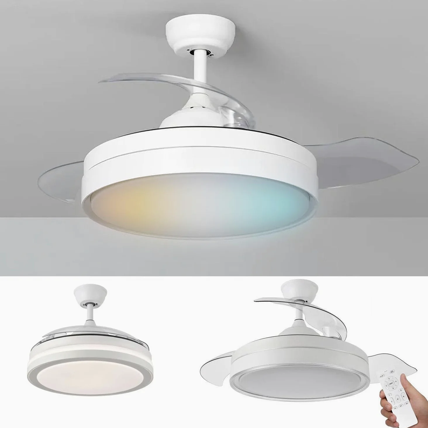 Lampadario Ventilatore da Soffitto CON PALE A SCOMPARSA Ø50 cm, Bianco luce CCT - Caldo/Freddo/Naturale,- in ABS, con 3 Pale, 85W LED (SJ-201)