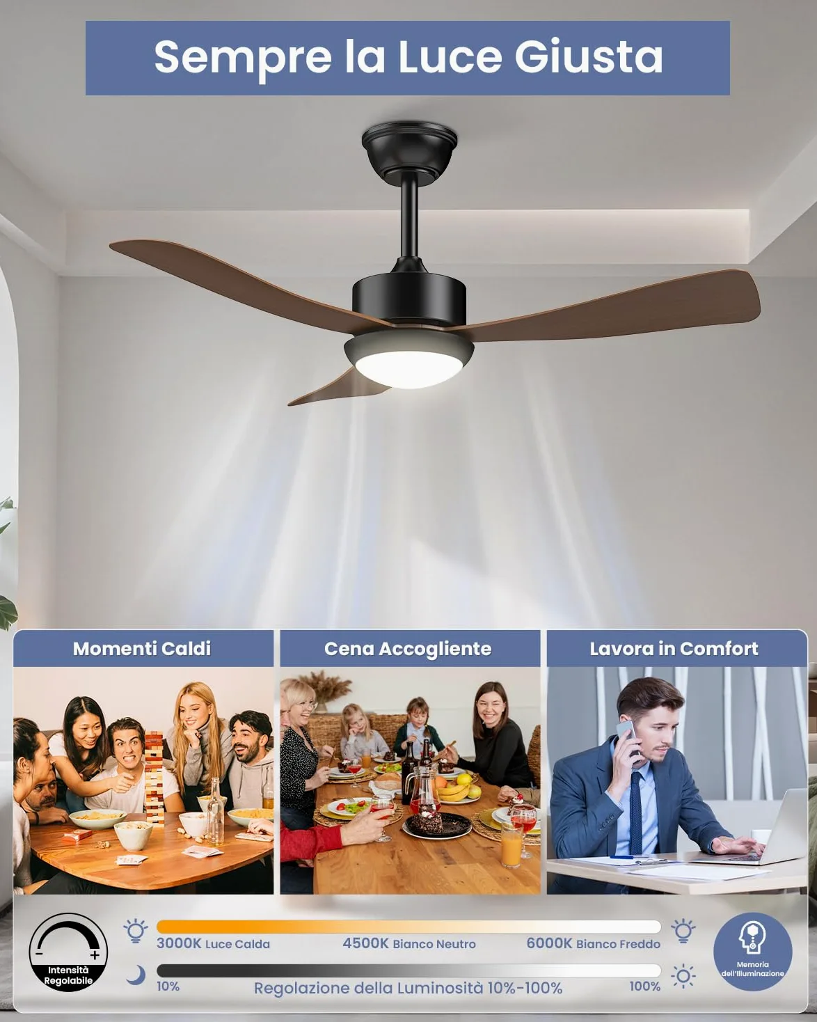 Airwit Ventilatore da Soffitto con Luce 106cm, Pale Effetto Legno, Ventilatore da Soffitto Silenzioso con Telecomando, LED Dimmerabile, Motore DC Reversibile, 6 Velocità per Camera Soggiorno