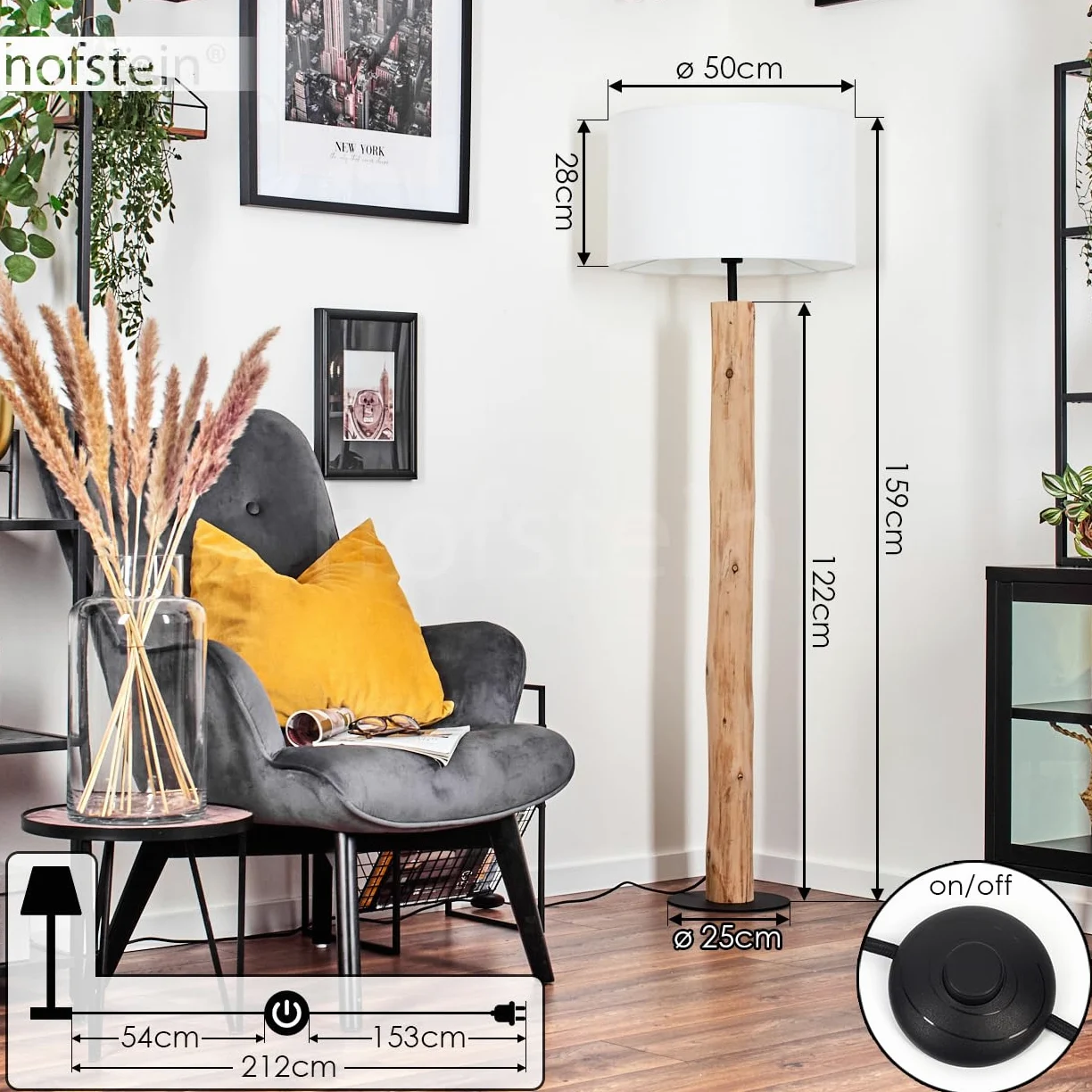 Lampada da terra Flemming, lampada da terra in legno/metallo/tessuto colori naturale/nero/bianco, design scandinavo con paralume rotondo (Ø 50 cm) e interruttore a pedale, E27, senza lampadina