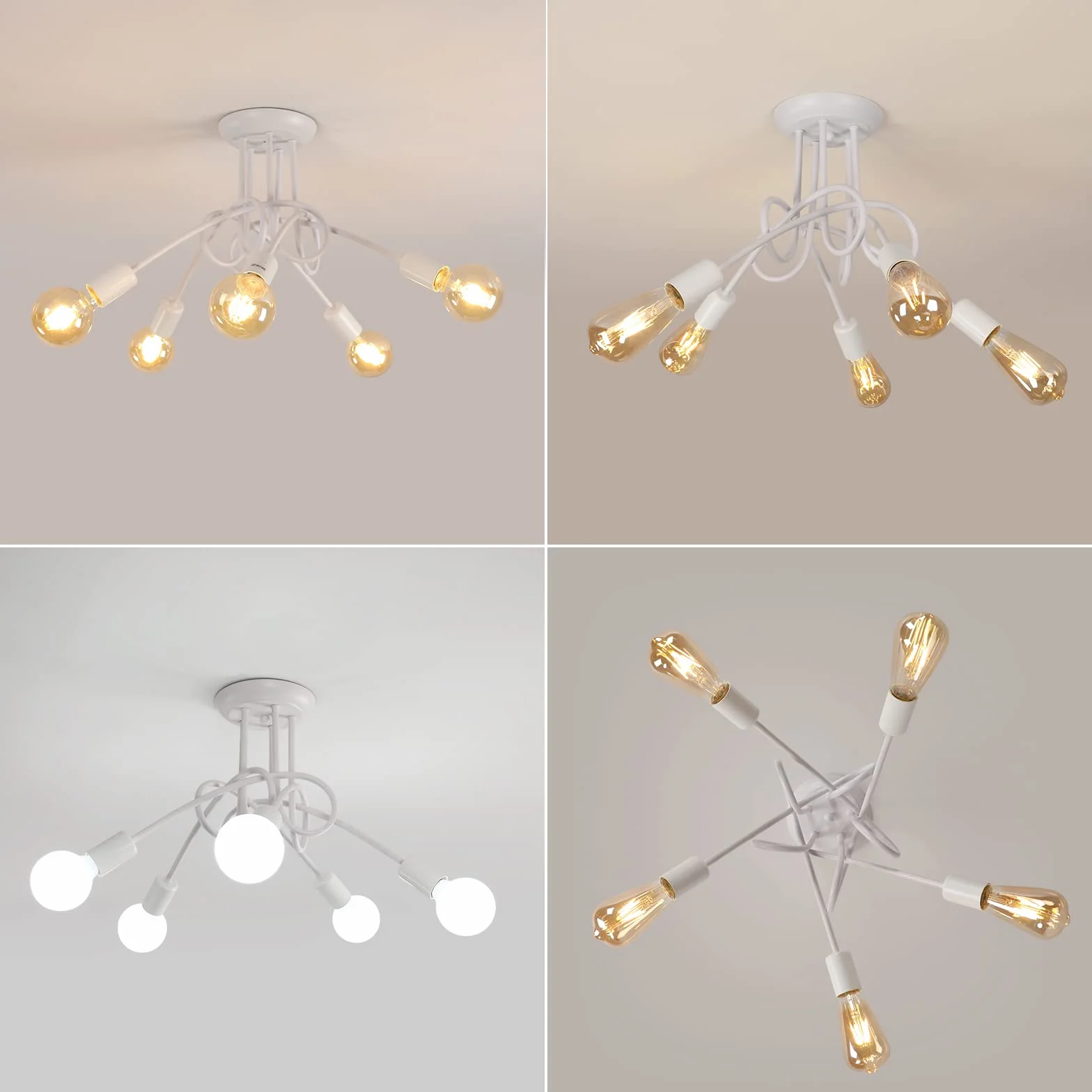 Riserva Lampadario Vintage, Plafoniera Soffitto Industriale E27, 5 Luci Lampada da Soffitto in Metallo per Soggiorno, Cucina, Camera da Letto, Ristorante, Cafe, Bianco (senza lampadine)