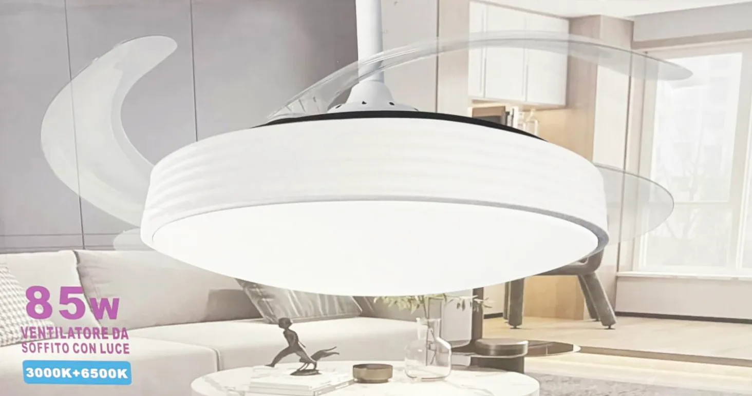 Lampadario Ventilatore da Soffitto CON PALE A SCOMPARSA Ø50 cm, Bianco luce CCT - Caldo/Freddo/Naturale,- in ABS, con 3 Pale, 85W LED (SJ-201)