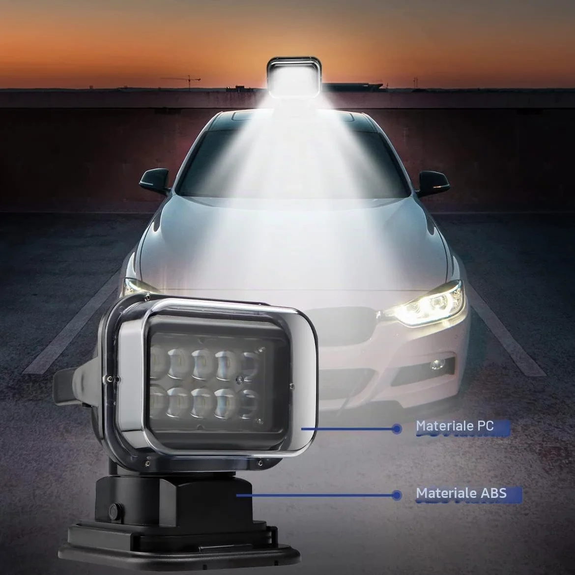 MARCHFA Faro da ricerca Led luce da lavoro telecomandato con piede magnetico luce da ricerca Chip Cree resistente alle intemperie ruotabile per auto offroad caccia barca giardino 50 W DC 12 V