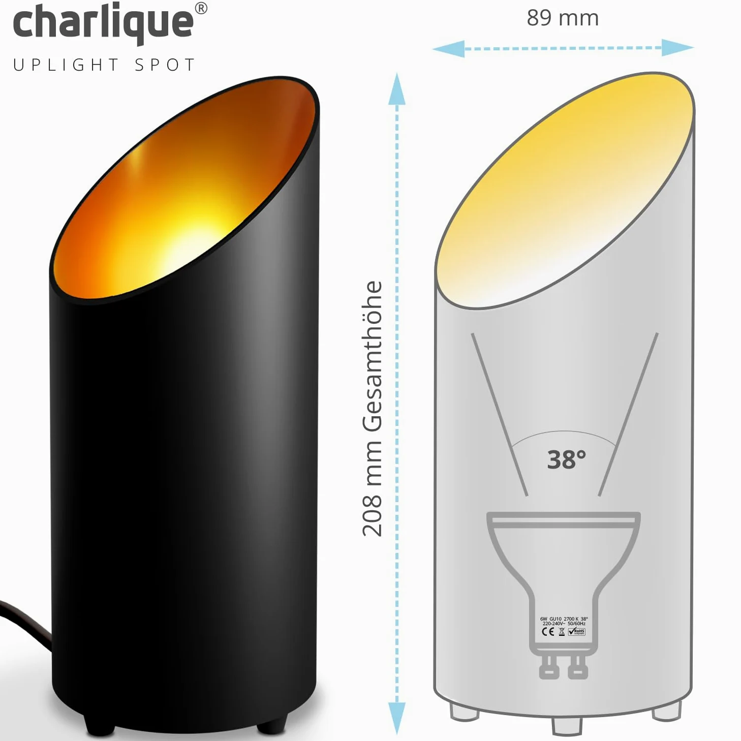 LED Uplight Spot (2 pezzi) nero, 6 W, faretto da terra per illuminazione indiretta, lampada da terra con lampadina GU10 230 V, luce calda da 2700 Kelvin