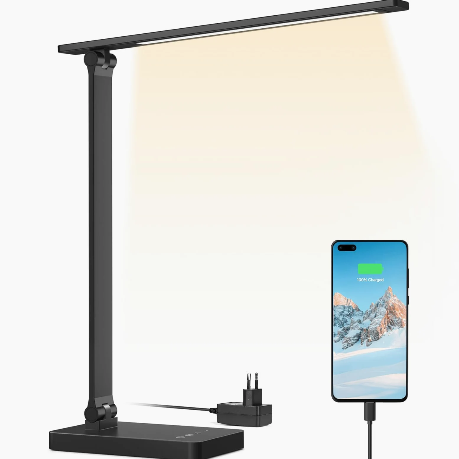 Lepro Lampada da Tavolo LED 15W, Lampada da Scrivania USB Ricaricabile, 3 Colori e 5 Livelli di Luminosità, Dimmerabile, Luce da Lettura Protezione degli Occhi per Ufficio, Camera, Nero