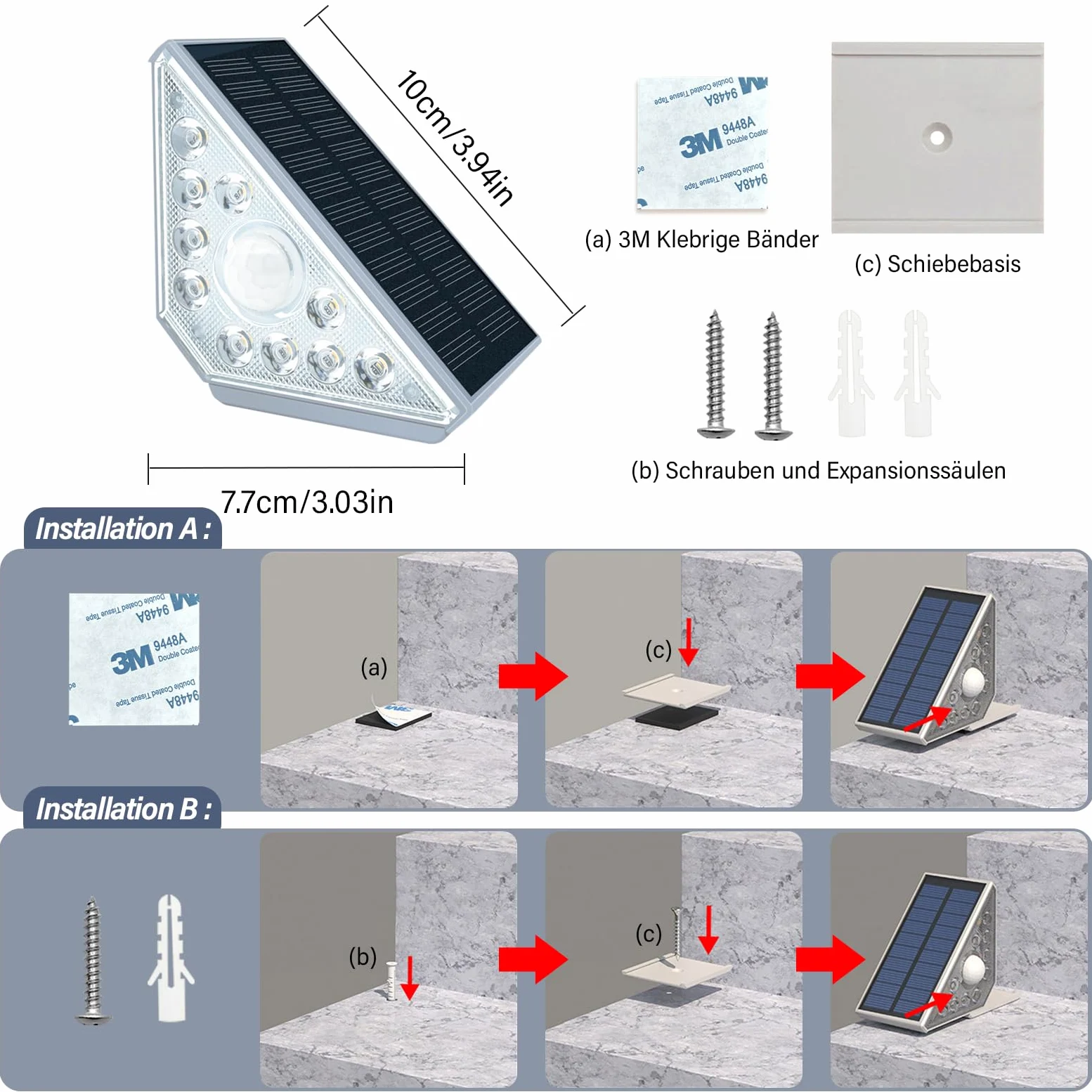 4 luci solari per scale esterne con sensore di movimento, luce bianca calda, illuminazione solare per scale, impermeabilità IP44, 800 mAh, per giardino, scale, patio, porta d'ingresso
