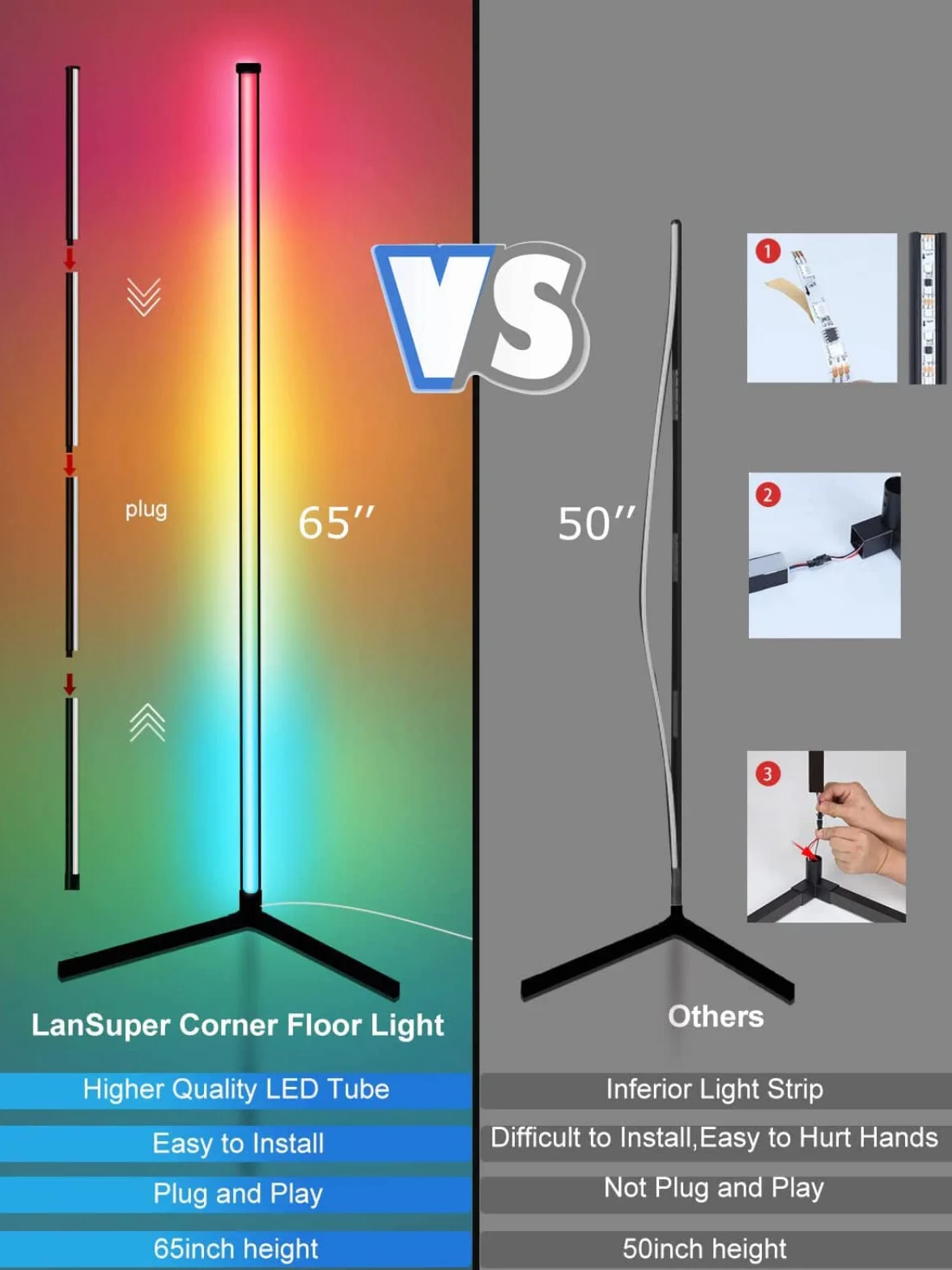 DeeprBling Lampada da Terra LED, 165cm Piantana Lampada RGB Dimmerabile con Telecomando e Bluetooth APP, 16 Milioni Colori, Musica Sincronizzazione e Timer, DIY Modalità per Soggiorno Camera da Letto