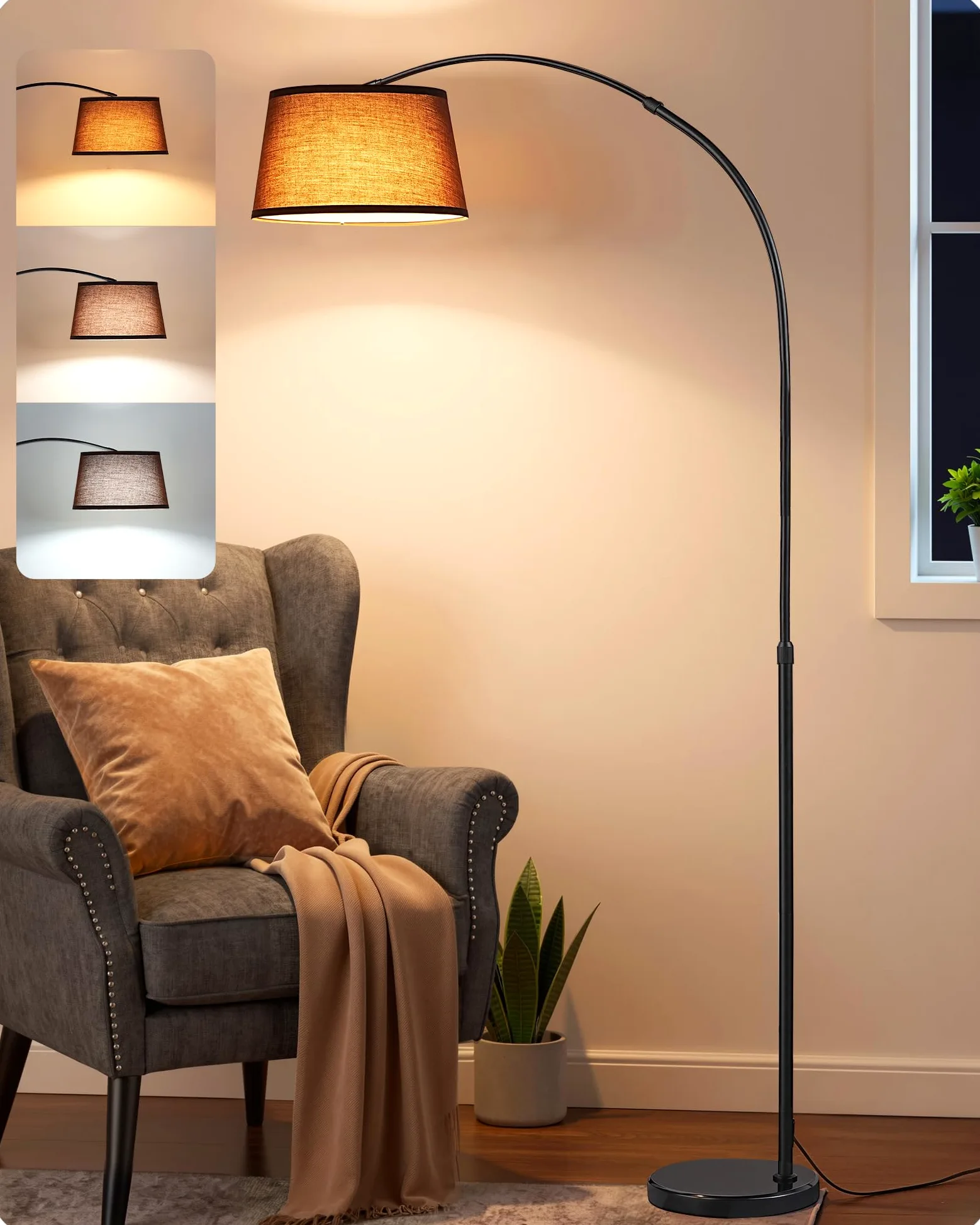 EDISHINE Lampada da Terra per Soggiorno, Altezza Regolabile 143-176 cm, Lampada ad Arco con Testa Rotante, Struttura in Metallo, Telecomando Magnetico, Dimmerabile, Attacco E27 con LED 9W Inclusa