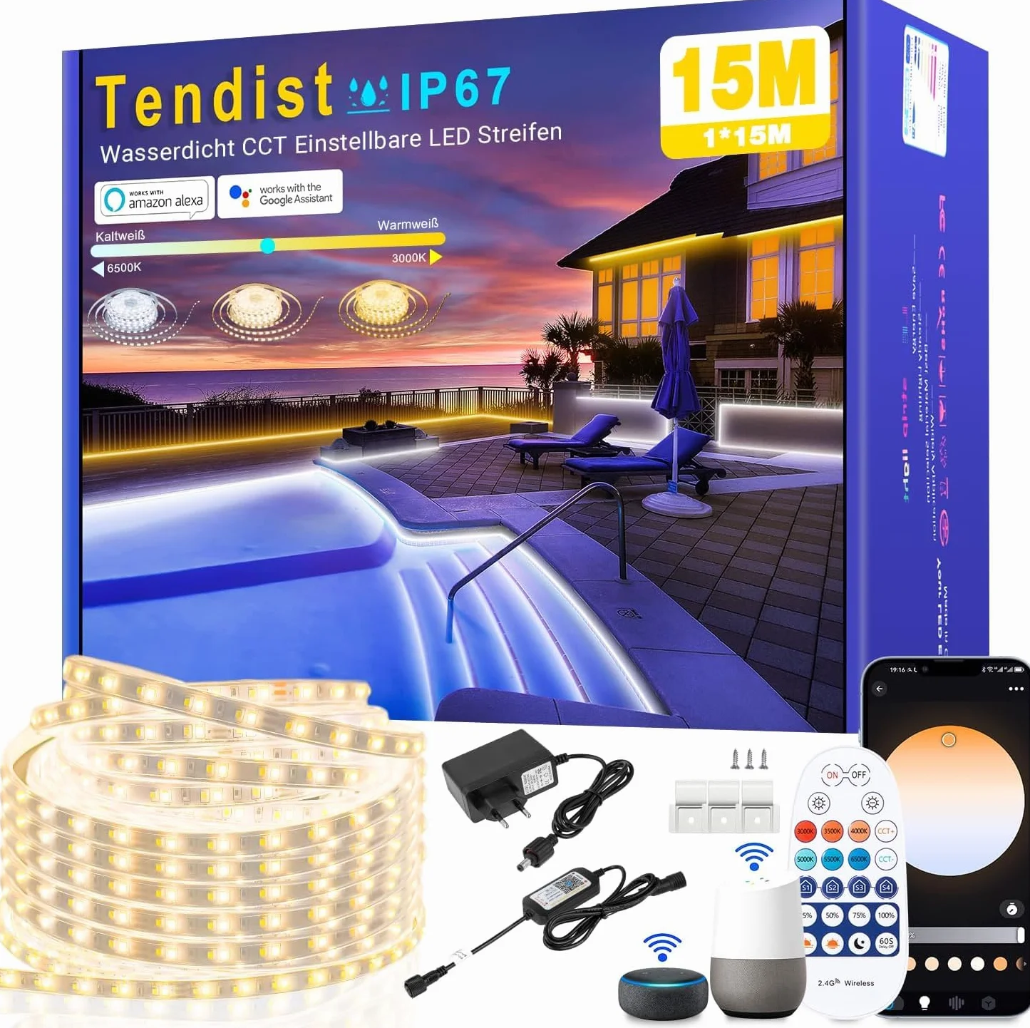 Striscia LED Esterno Bianco Freddo a Bianco Caldo Dimmerabile, Luci LED Compatibile con Alexa, Luce LED Senza Filo Smart, 24v Impermeabile Striscia Adesive per Cucina, Giardino (IP67) (15M)