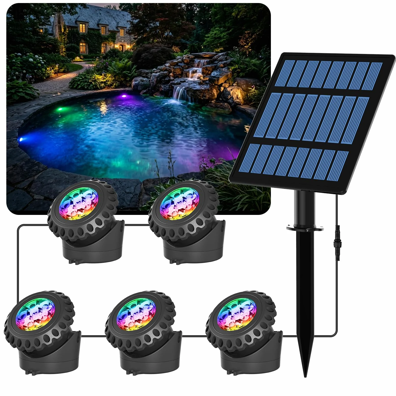 T-SUN Luci Solari per Laghetti 5 in 1 RGB Luce Solari Per Laghetti Faretto Solare per Esterni RGB Lampada Solare Sommersa Con 2 Modalità, IP68 Impermeabile, Per Giardino, Albero, Patio, Stagno