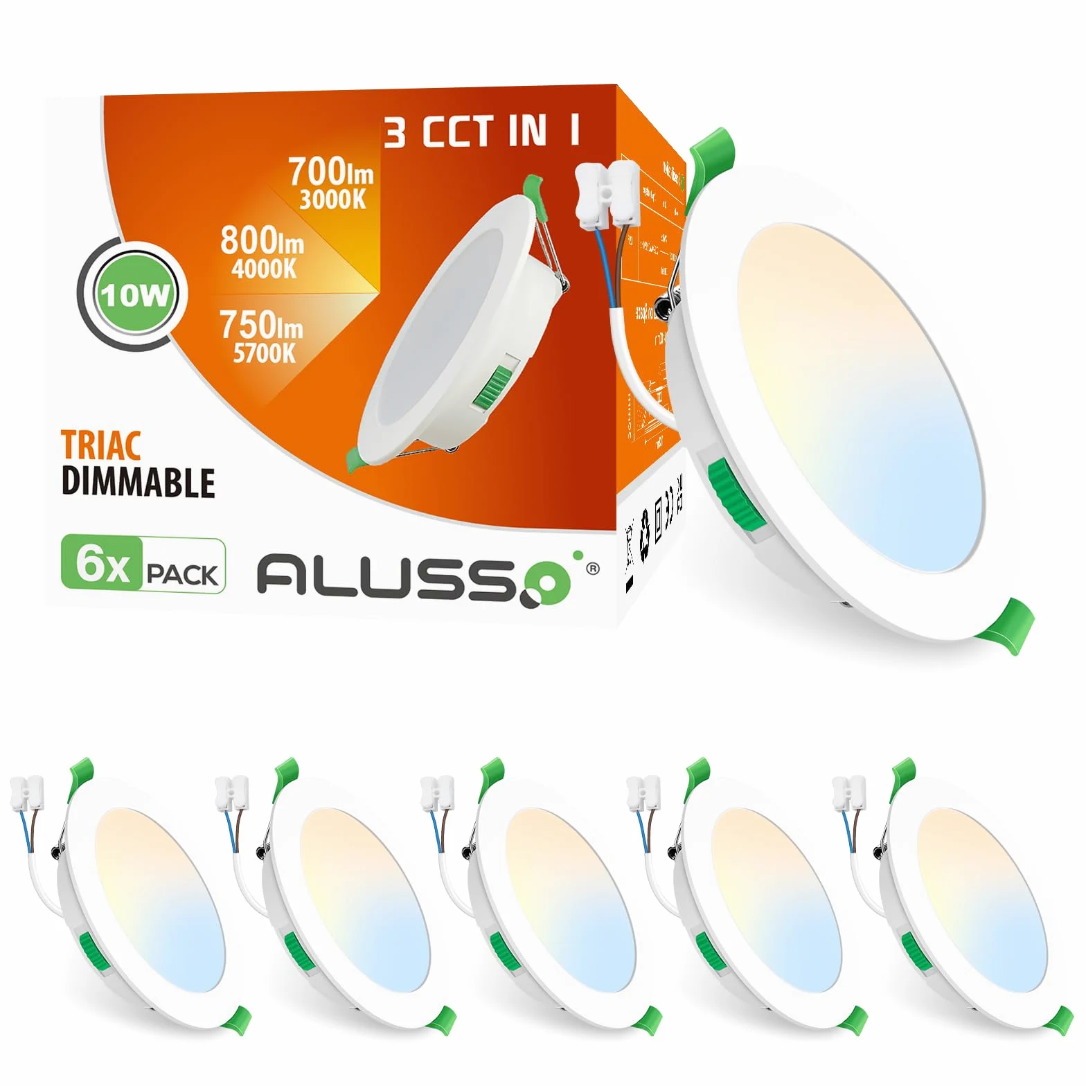 ALUSSO Set di 6 faretti LED da incasso piatti 230 V, 10 W, 800 lm, intensità variabile, ultra sottile, profondità di incasso 30 mm, bianco caldo 3000 K, bianco neutro 4000 K, bianco freddo 6500 K,