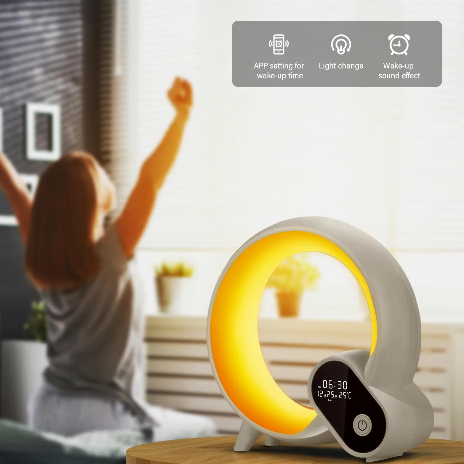 Sunrise Sveglia con luce sveglia – Smart Lights Sound Machine con controllo app, Bluetooth, ora, temperatura, visualizzazione della data, musica sonno atmosfera lampada
