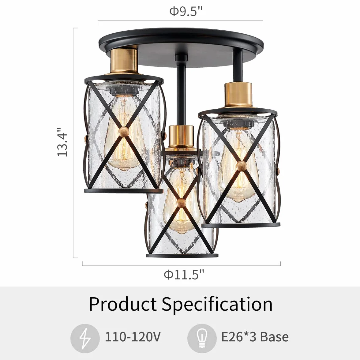 WUZUPS lampadario semi flushmount industriale a 3 luci plafoniera trasparente paralume in vetro seminato per ingresso portico foyer cucina sala da pranzo bagno, w29 h34, e27 base nera con ottone