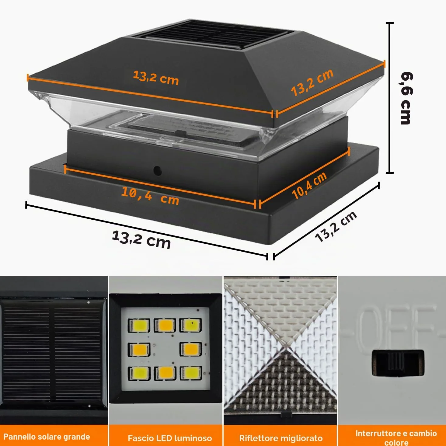 NATPOW Luce Solare Pilastro, 4 Pezzi 3000K/6000K Solare Pilastro Giardino, Auto ON/OFF Solari Esterno Giardino, IP65 Impermeabile per Patio Recinzione Pali