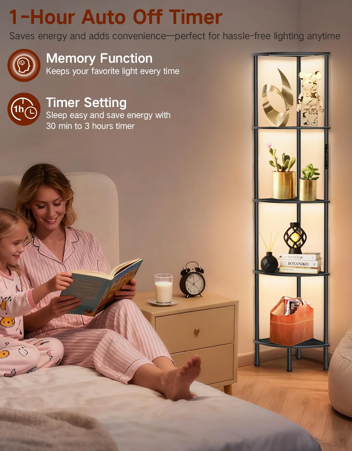 Lampada da Terra LED con Libreria Angolare a 5 Ripiani, Dimmerabile con Touch e Telecomando, 3 Temperature di Colore, Scaffale ad Angolo in Legno per Soggiorno, Camera da Letto e Ufficio