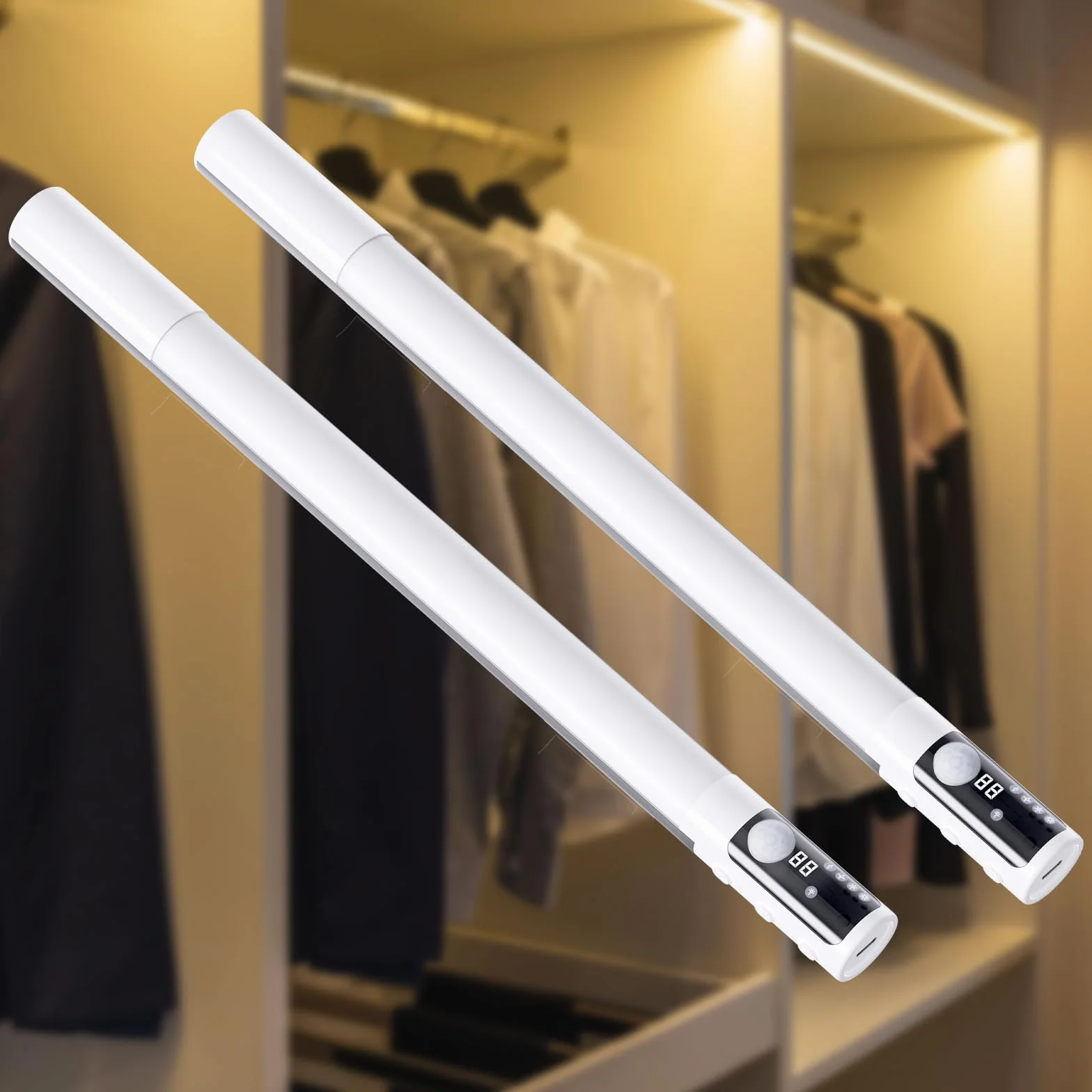 Quntis 38CM LED Sottopensile Cucina con Sensore di Movimento, 3 Modalità di Colore Luci LED Cucina, 2000 mAh Ricaricabile USB, Luci per Armadio con Display per Interno, 2 Pezzi, Bianco