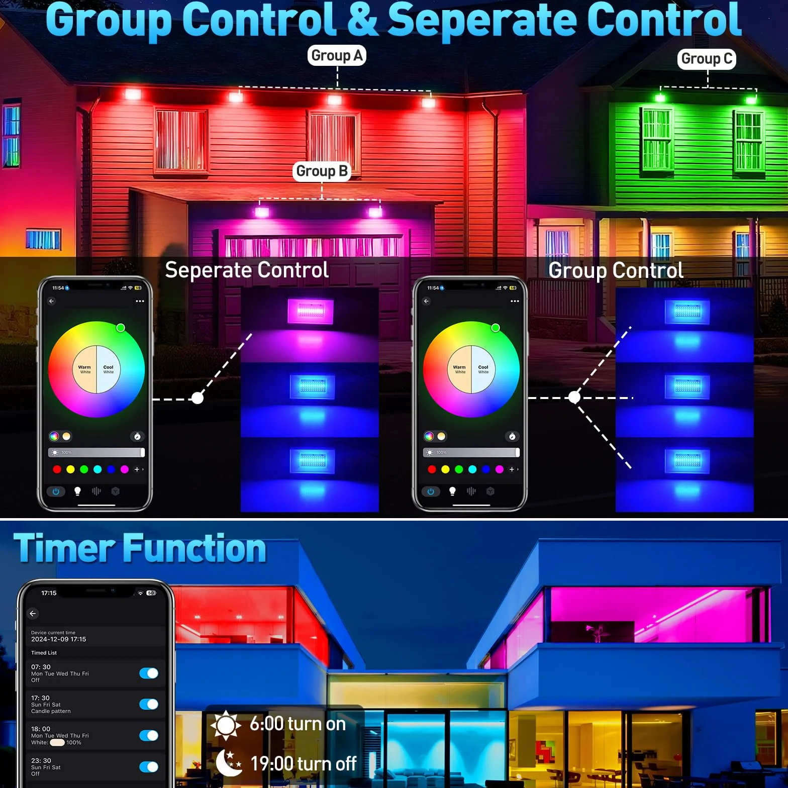 Faretto LED RGB Esterno, T-SUNUS 60W Proiettore LED RGB con APP Bluetooth e Telecomando, IP66 Impermeabile Dimmerabile per Giardino Pasqua Partito Halloween 4 Pezzi