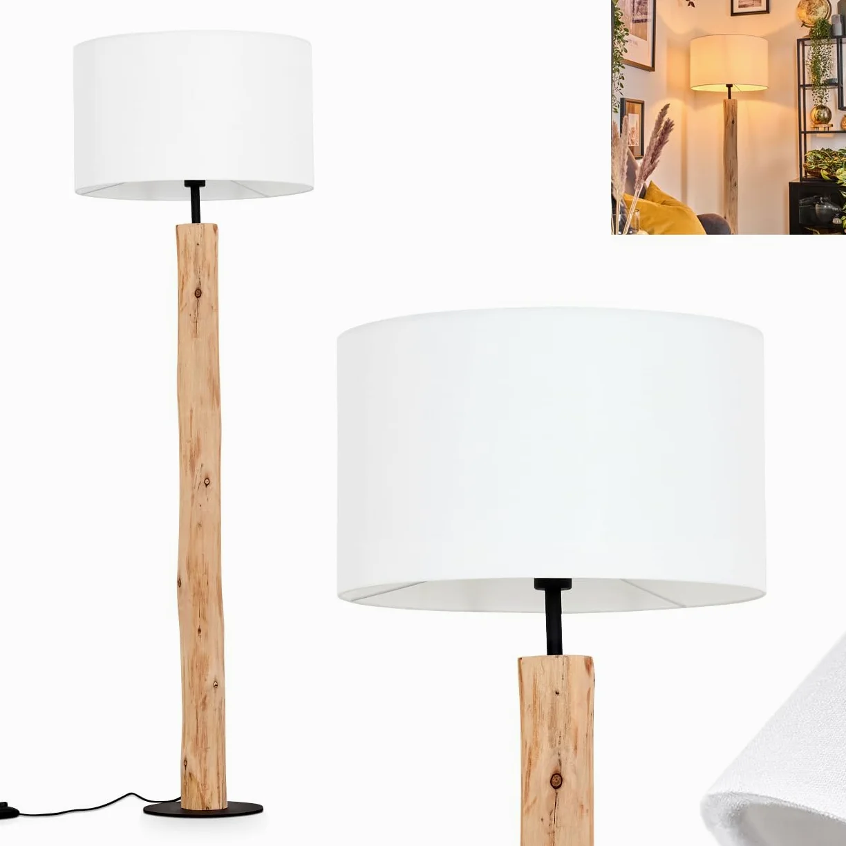 Lampada da terra Flemming, lampada da terra in legno/metallo/tessuto colori naturale/nero/bianco, design scandinavo con paralume rotondo (Ø 50 cm) e interruttore a pedale, E27, senza lampadina