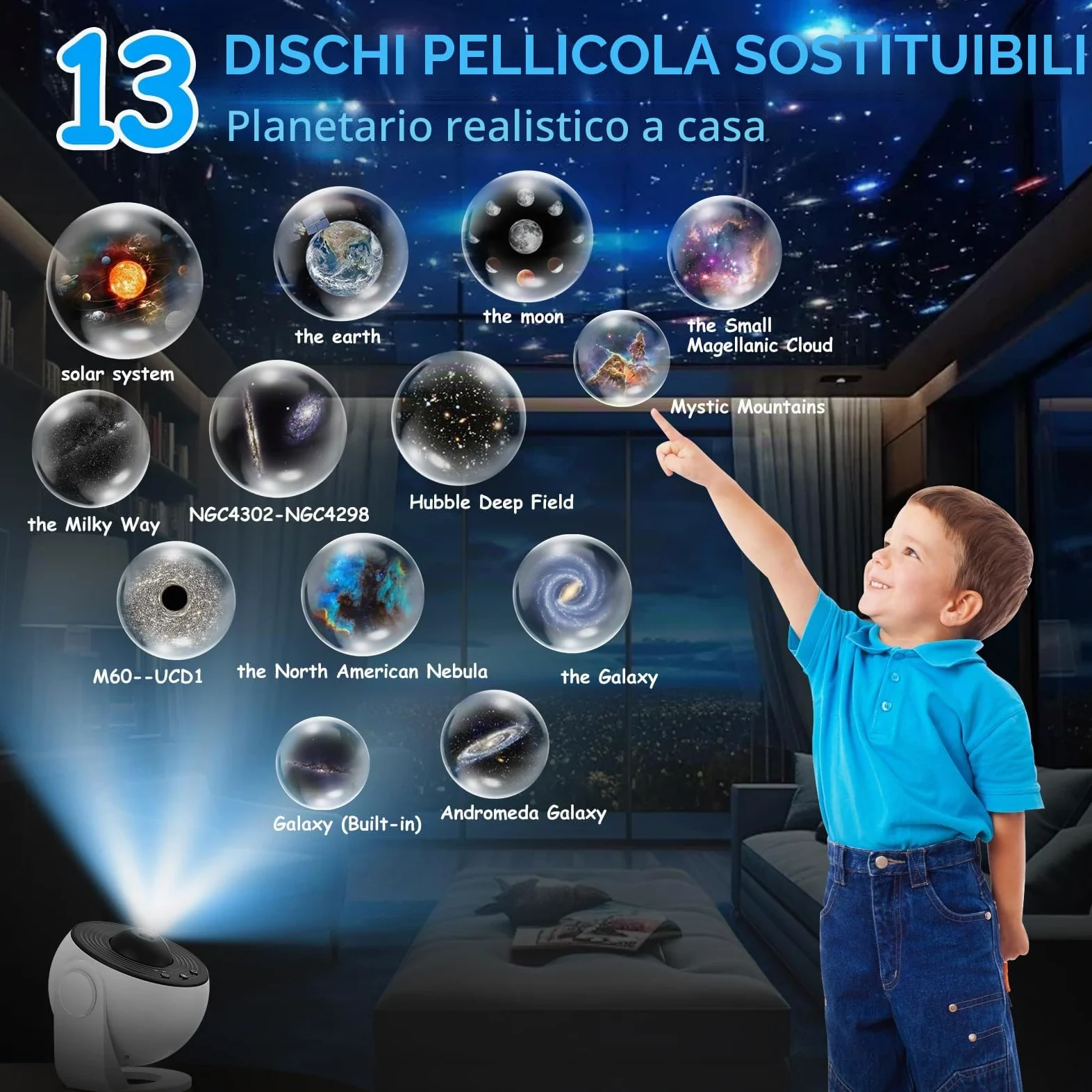 Proiettore di Stelle Planetario, Proiettore di Galassie a Globo LED con 13 Dischi di Pellicola Luce Notturna del Cielo Stellato Lampada Proiettore di Luna per Bambini Adulti Camera da Letto Soggiorno