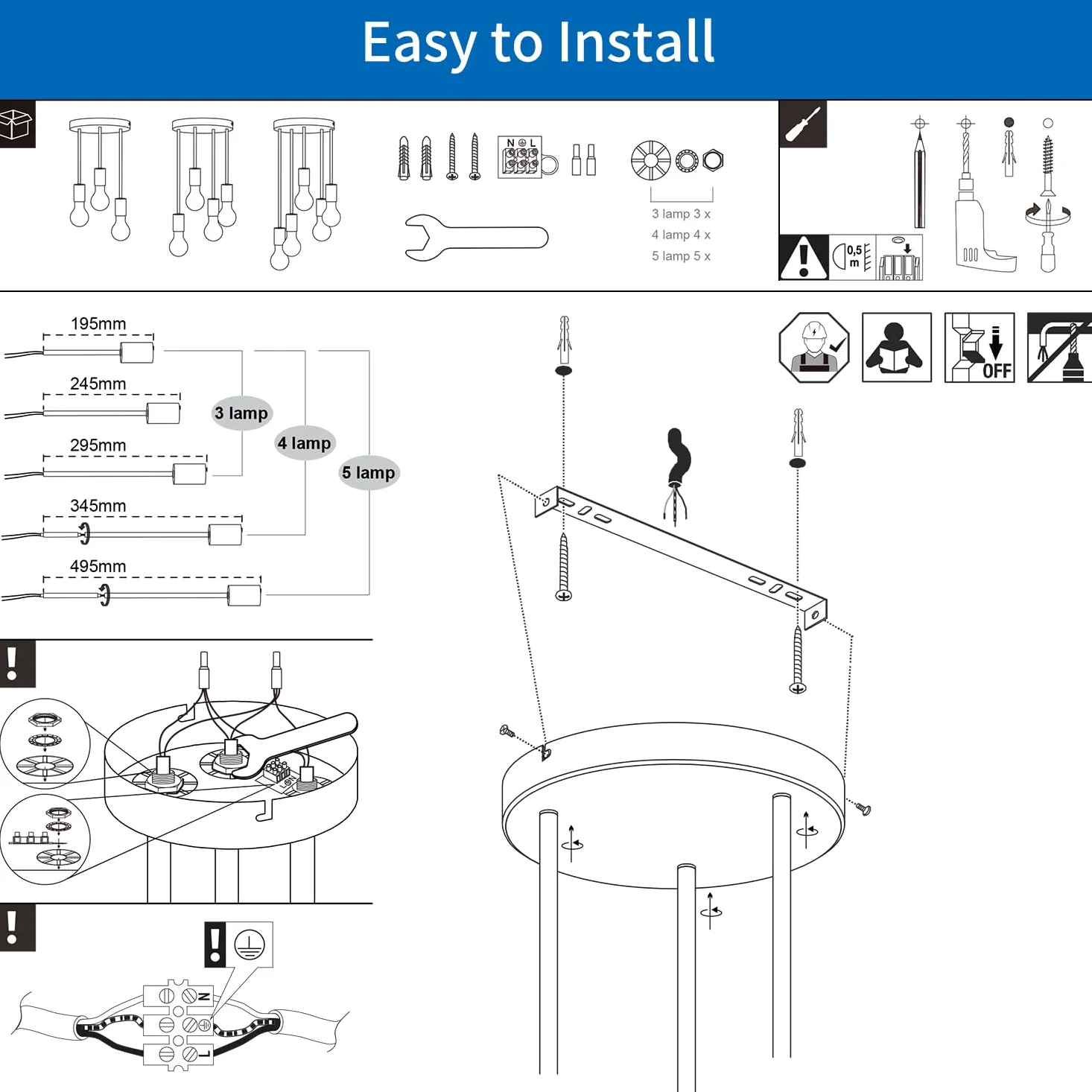 ANWIO Lampada a Sospensione, Lampadari Moderni con 4 Lampadine LED Attacco E27, Lampadari da Cucina Nero, Lampadario Sospensione per Camera da Letto,Soggiorno(Lampadine Escluse) EUC-EA