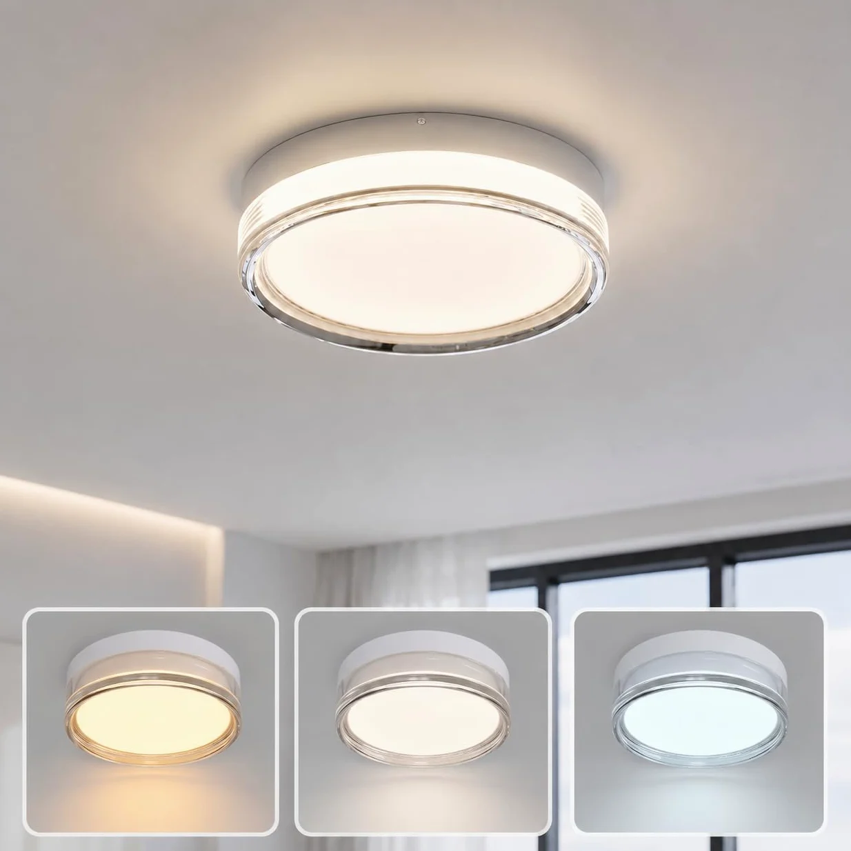 MARSI Plafoniera LED IP65 Ø30 cm 24W, 3 CCT 2800K 4000K 6000K | Bianca, installazione a soffitto o parete, per bagno, corridoio e balcone. Bordo in acrilico trasparente