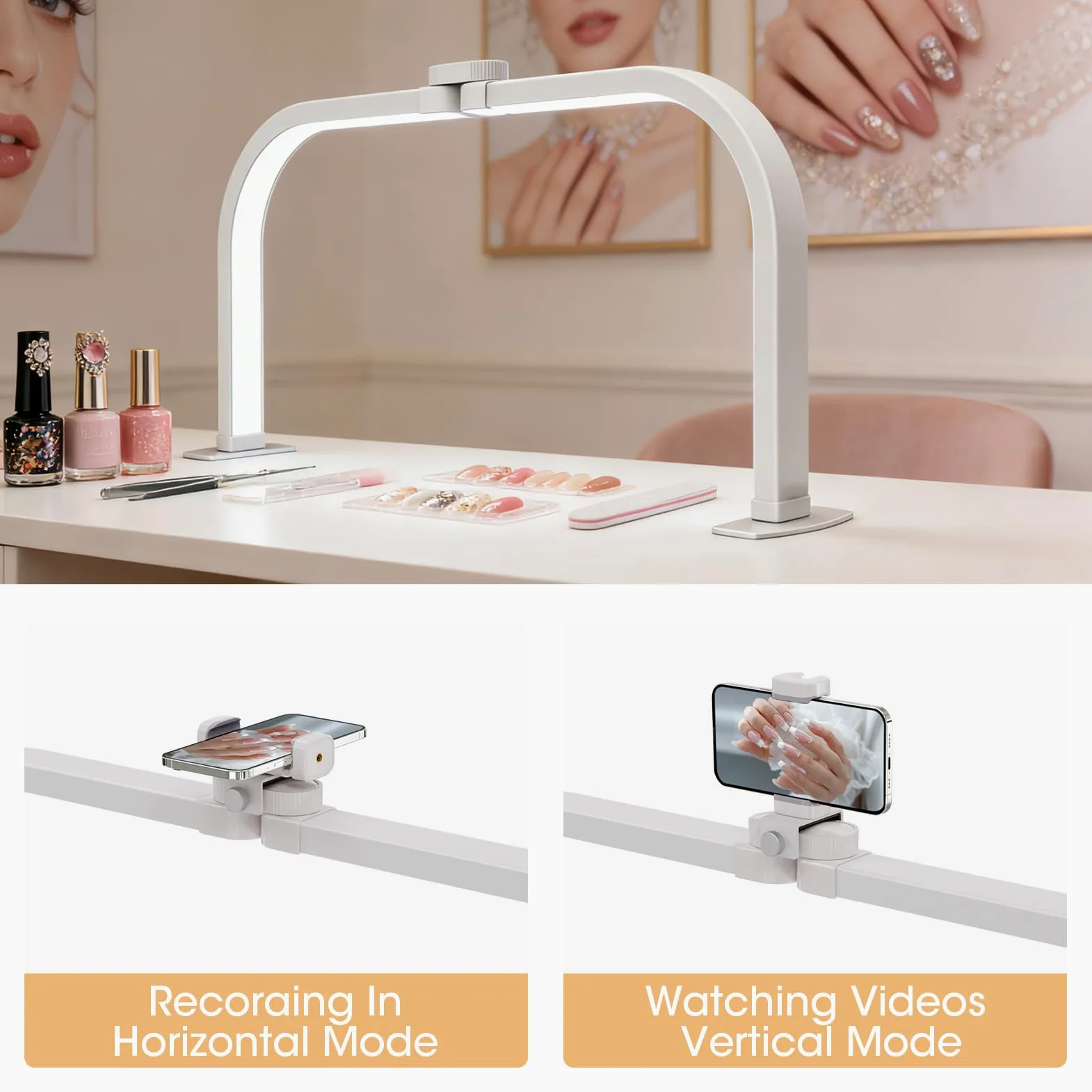 Lampada Mezza Luna Estetica, 72CM 40W Lampada Estetista da Tavolo per Unghie, Lampada Extension Ciglia con Porta Cellulare, Half Moon Light con 3 Modalità 10 Luminosità per Tatuaggi Manicure- Bianco