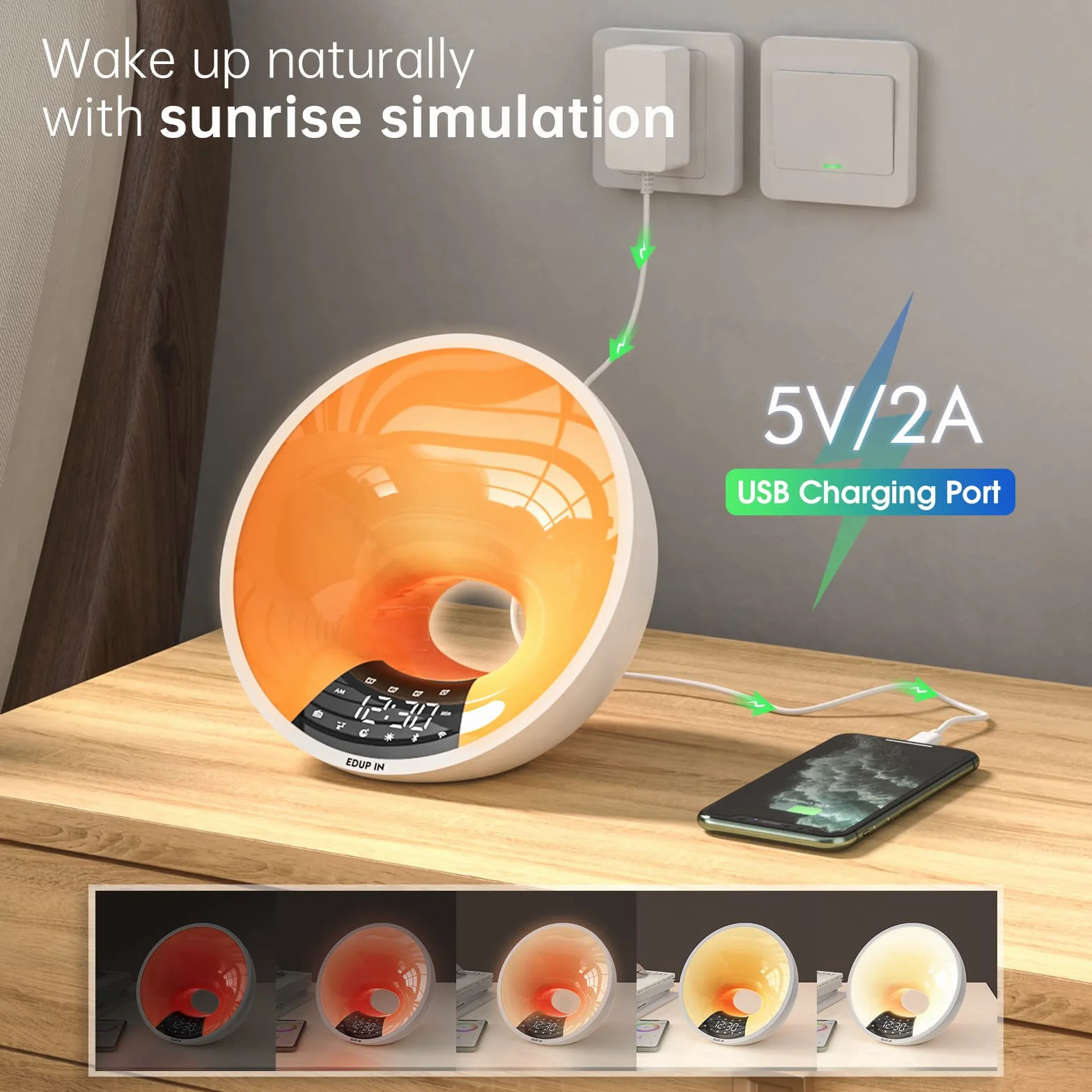 EDUP IN Luce Sveglia Luce Alba Simulazione Aiuti al Sonno Adattatore Di Controllo APP doppia Sveglia Snooze 16 Milioni Di Colori Luce Notturna 7 Suoni Dimmerabili Connessione USB Radio Bluetooth