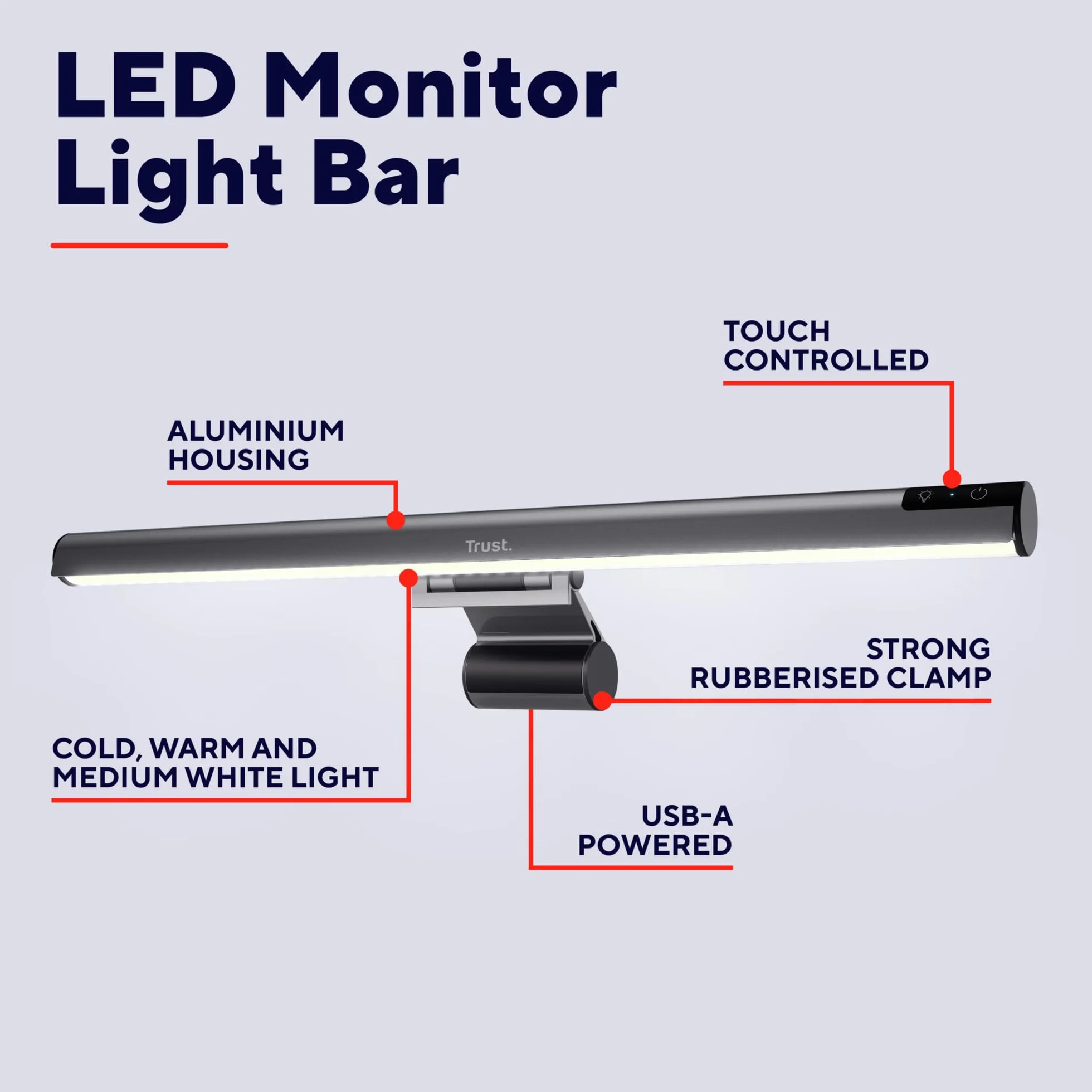 Trust Shyne Lampada Monitor PC LED 42cm, Anti-luce Blu e Anti-riflesso | Barra LED USB per Laptop, Light Bar Luce Bianca Fredda/Calda/Naturale, Desk Lamp Luminosità e Temperatura Regolabili