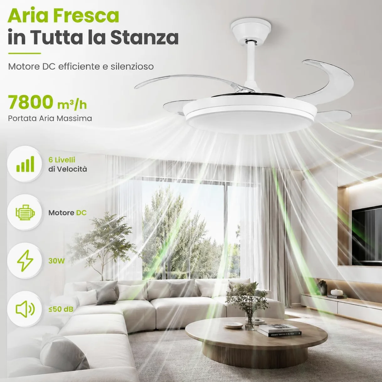 Ventilatore da Soffitto con Luce LED 36W e Telecomando | Pale Retrattili 106 cm | 6 Velocità Motore DC | CCT 3000K 4000K 6500K | Lampadario Ventilatore Moderno