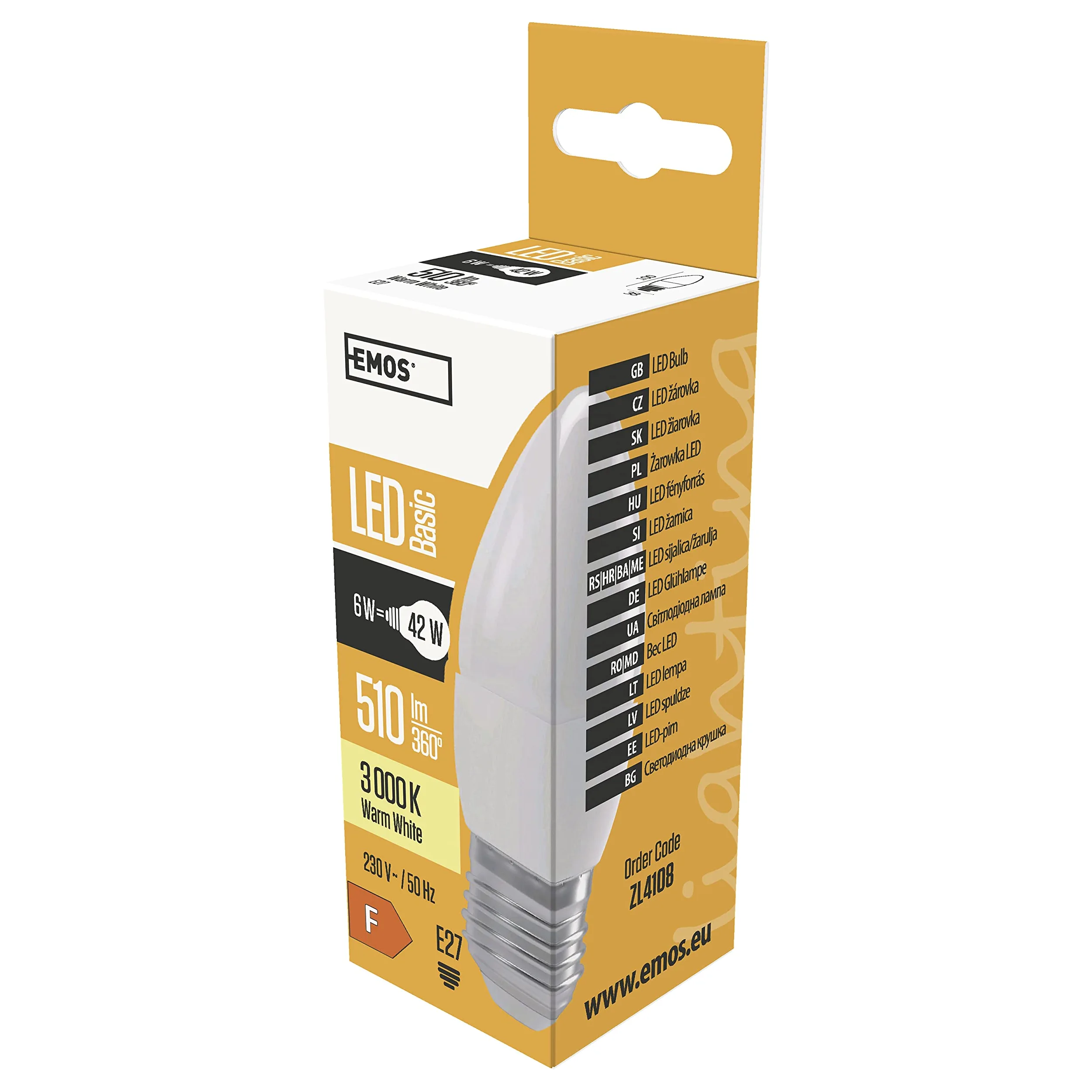 Emos * Model A +, lampadina a LED Candle 6 W E14 bianco caldo, vetro, 6 Watts, E27, trasparente, 3,8 x 3,8 x 13 cm