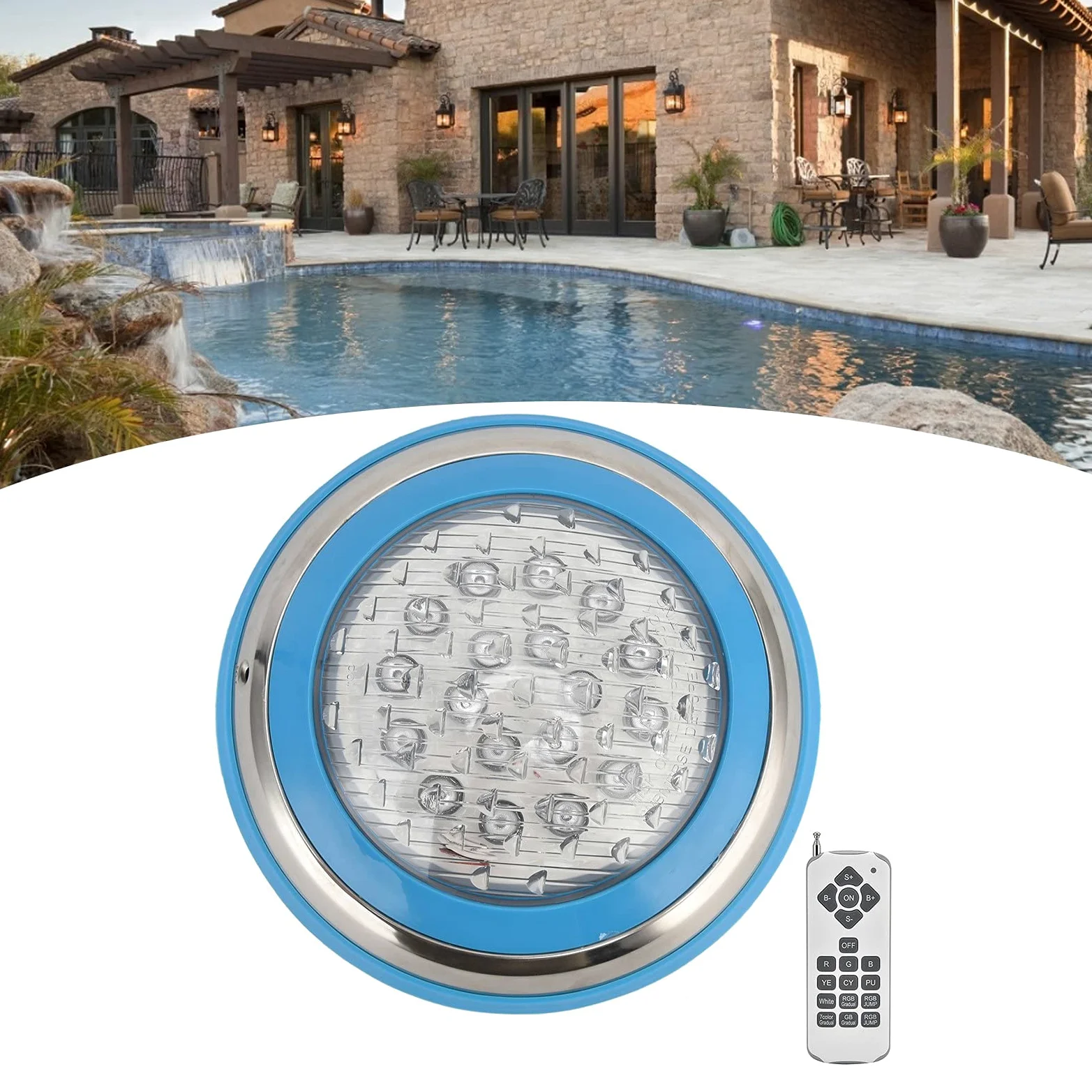 Fafeicy Luce Subacquea, Luce per Piscina a LED Simming Lampada da Parete Subacquea in Acciaio Inossidabile AC12V RGB Perline Lampada Ad Alta Potenza 18 Tasti, Luci Subacquee Continue (24W)