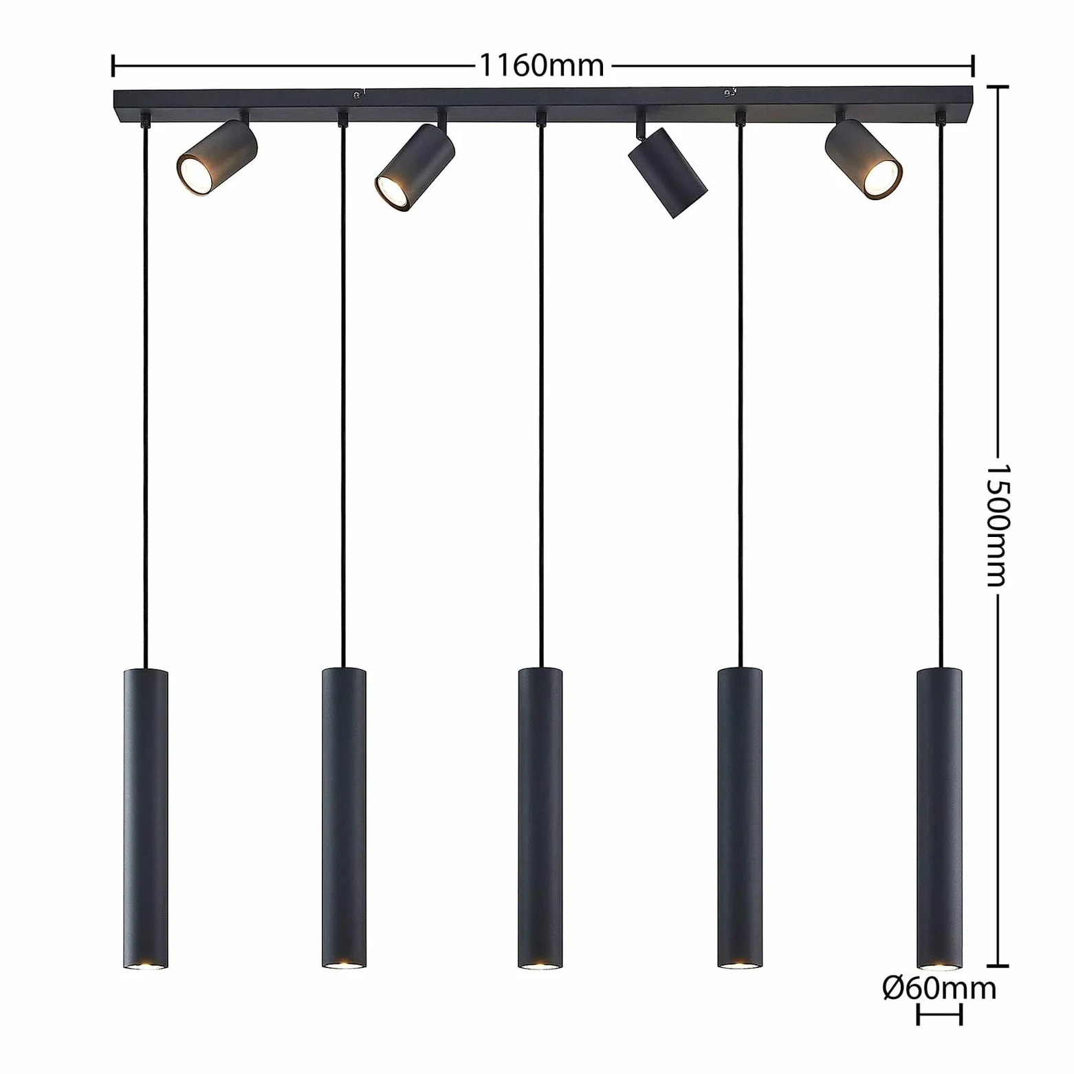 Lindby Lampada a Sospensione 9 Luci Nera 116 cm, Lampadario con Faretti Orientabili e Pendenti Cilindrici GU10 Moderne Lampade Sospese per Cucina Sala da Pranzo Soggiorno
