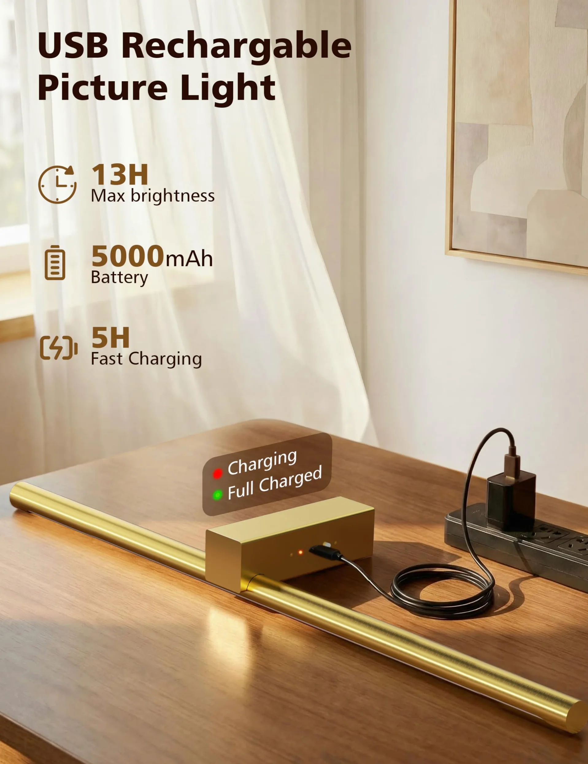 VOLISUN Luci per foto da parete, 5000 mAh, ricaricabili, funzionamento a batteria, 3 temperature di colore e dimmerabile continuamente, luce artistica da 220 lm per dipinti, gallerie, ritratti