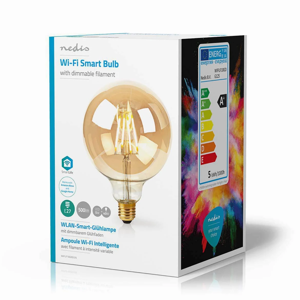 Nedis – Lampadina a filamento Smart WiFi – E27 – 125 mm – 5 W – 500 lm – Controllo app – Facile da configurare – Flusso luminoso nominale: 500 lm – Colore: oro – Materiale: vetro