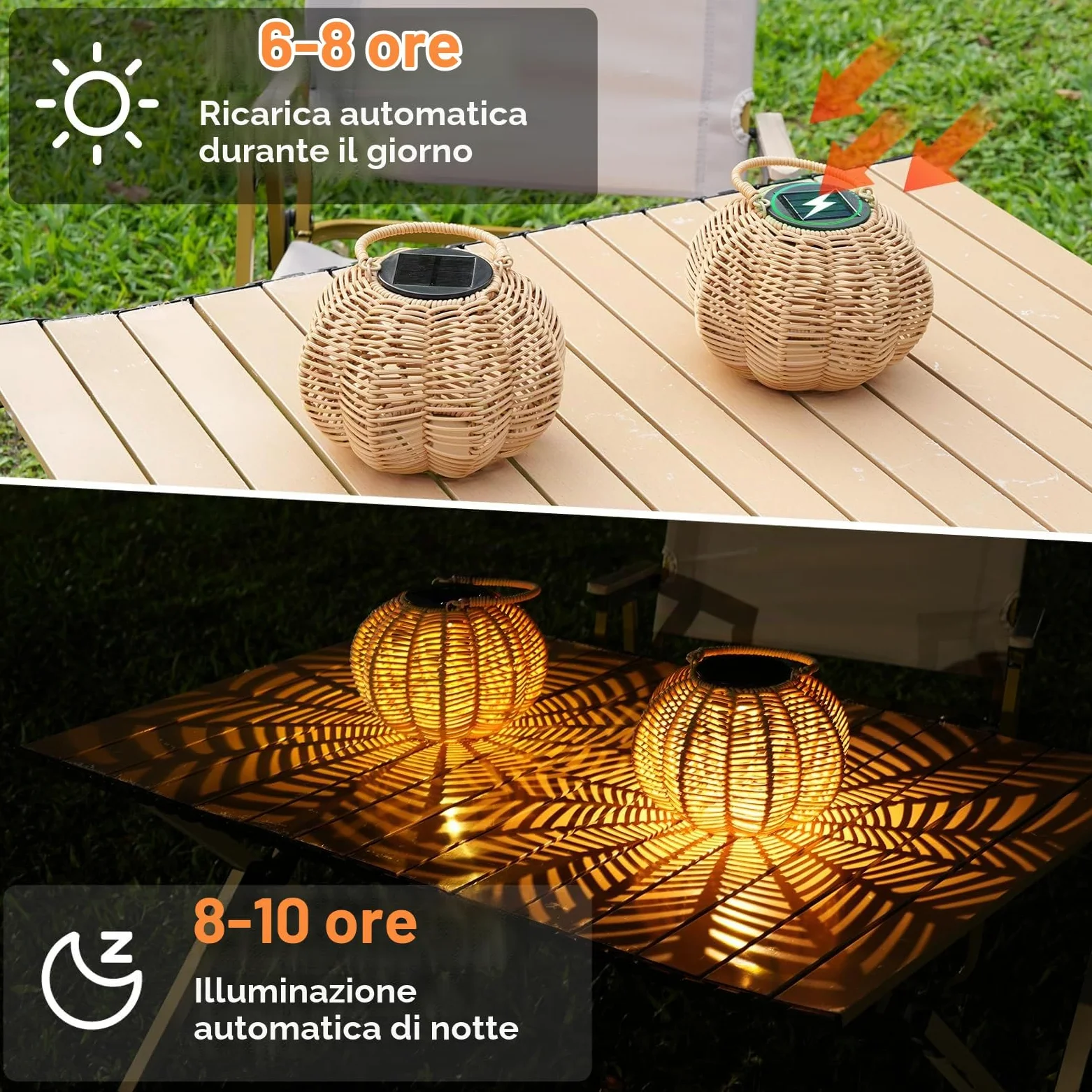 Lanterne Solari da Esterno a Forma di Zucca Intreccio Manuale in Rattan Naturale, Lampada Solare da Esterno con Luce Calda e Sensore Automatico, IP65 per Giardino Terrazzo Cortile, 2 Pezzi