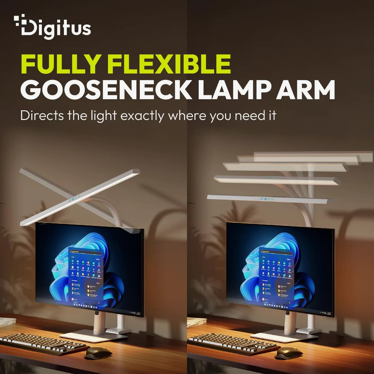 Digitus Lampada da scrivania a LED – 2400 lumen – 80 cm di larghezza – 16 W | 1000 lux – Temperatura di colore a 4 livelli – Regolabile – Comando touch – Braccio flessibile – Base a morsetto – Bianco